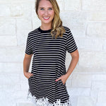 Stripes & Lace Shift Dress - Black-510 Mini-ENTRO-July & June Women's Fashion Boutique Located in San Antonio, Texas