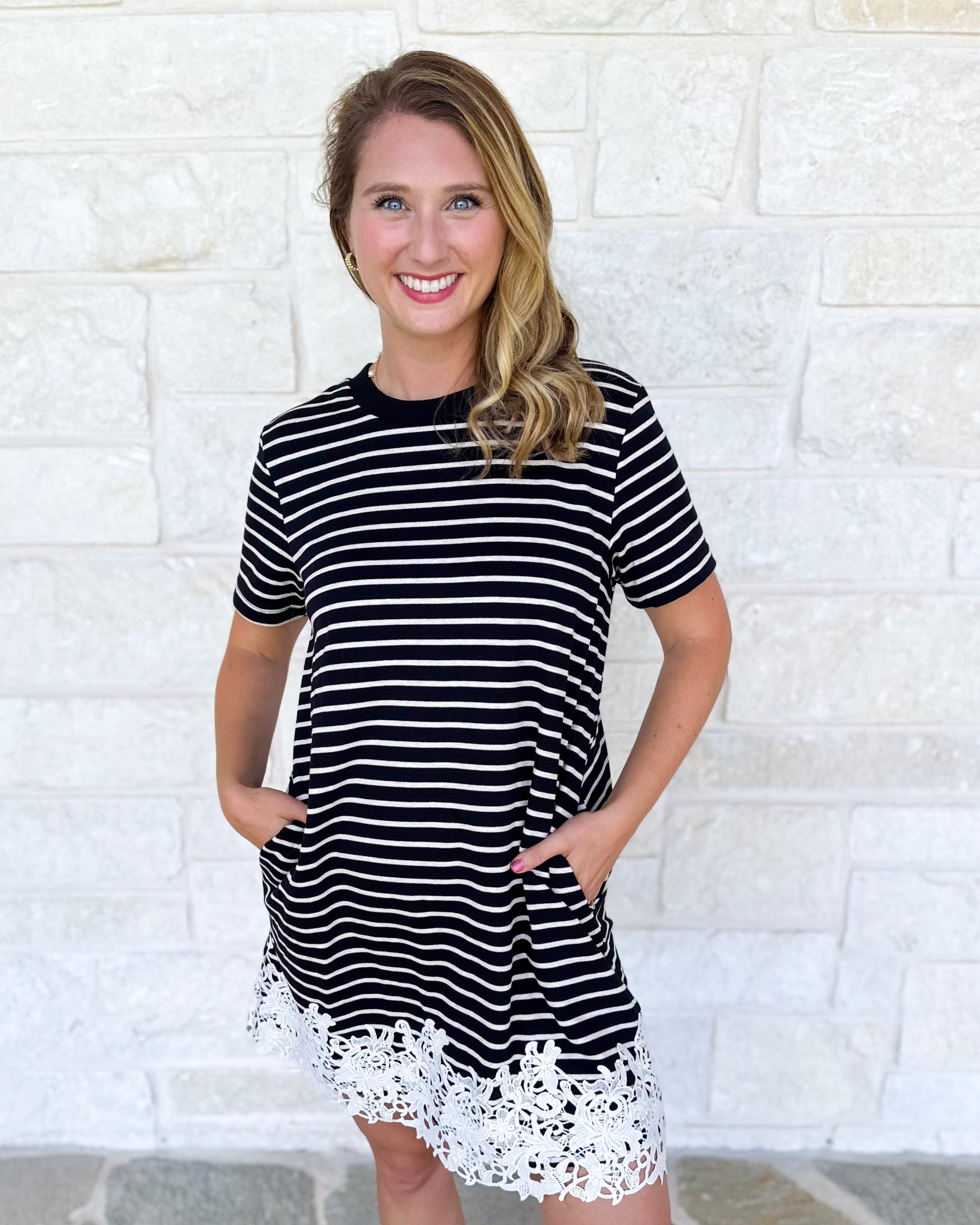 Stripes & Lace Shift Dress - Black-510 Mini-ENTRO-July & June Women's Fashion Boutique Located in San Antonio, Texas