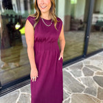 Polished Pin-Tuck Midi Dress - Burgundy-500 Midi-ENTRO-July & June Women's Fashion Boutique Located in San Antonio, Texas