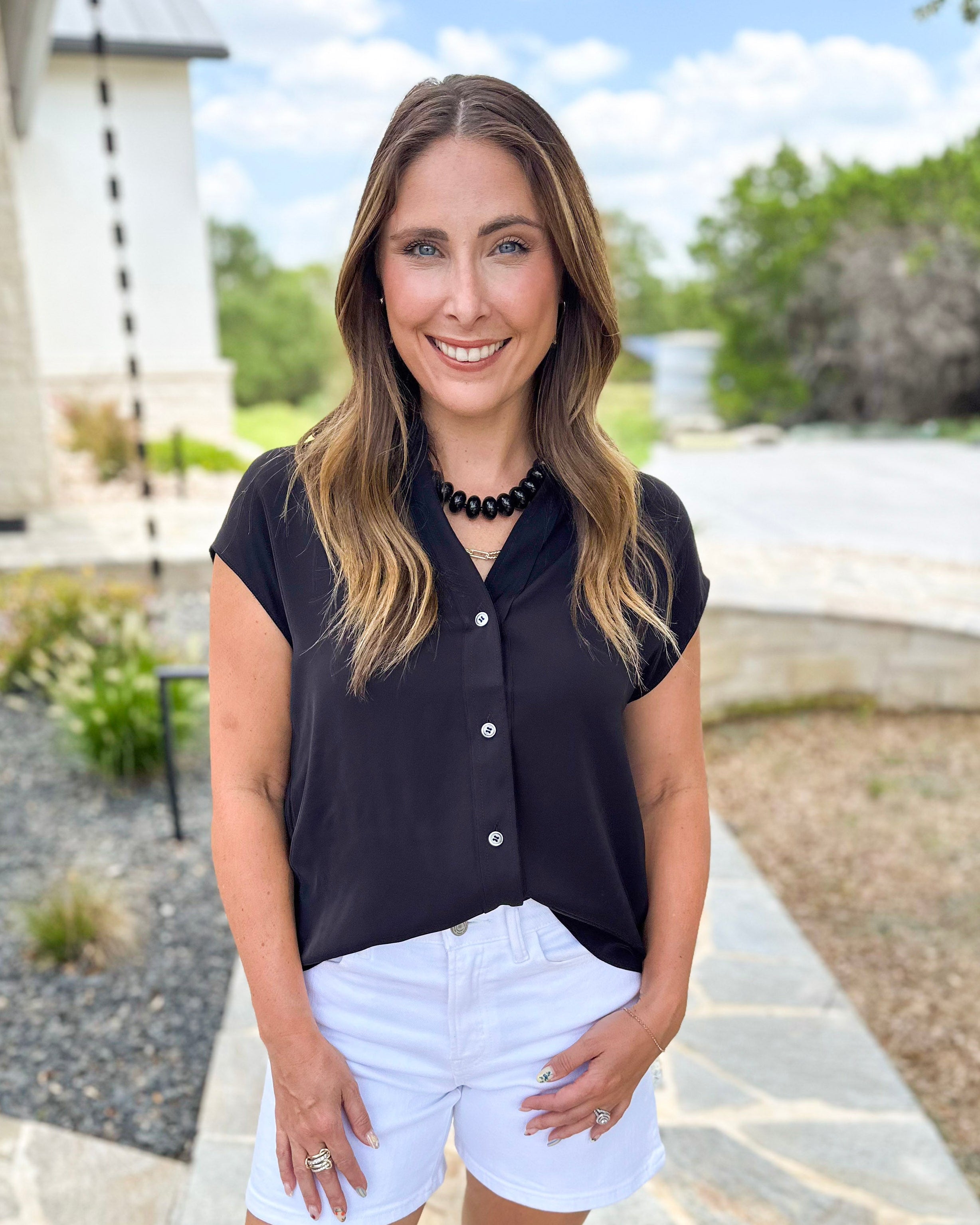 Current Air - Classic Button Down Blouse - Black-200 Fashion Blouses-CURRENT AIR CLOTHING-July & June Women's Fashion Boutique Located in San Antonio, Texas