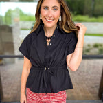 Cinch Waist Blouse - Black-200 Fashion Blouses-ENTRO-July & June Women's Fashion Boutique Located in San Antonio, Texas