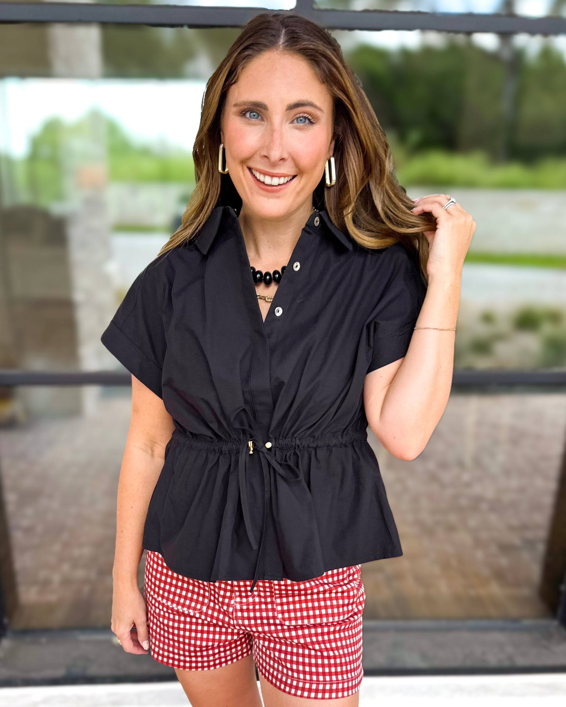 Cinch Waist Blouse - Black-200 Fashion Blouses-ENTRO-July & June Women's Fashion Boutique Located in San Antonio, Texas