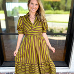 Color Drench Striped Midi Dress - Martini Olive-500 Midi-ENTRO-July & June Women's Fashion Boutique Located in San Antonio, Texas