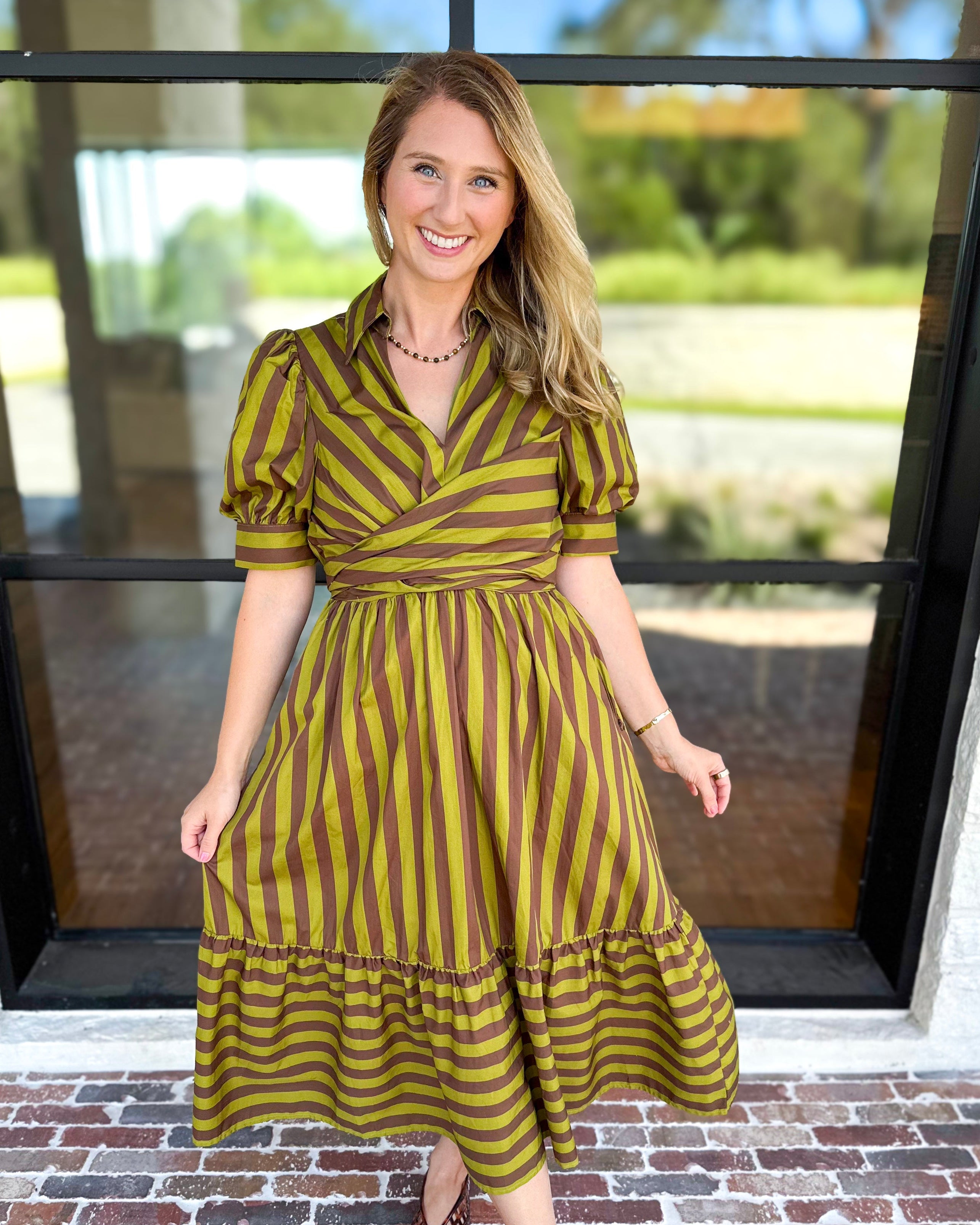 Color Drench Striped Midi Dress - Martini Olive-500 Midi-ENTRO-July & June Women's Fashion Boutique Located in San Antonio, Texas