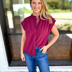 Ric Rac Button Down Top - Wine-200 Fashion Blouses-ENTRO-July & June Women's Fashion Boutique Located in San Antonio, Texas