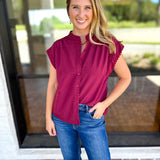 Ric Rac Button Down Top - Wine-200 Fashion Blouses-ENTRO-July & June Women's Fashion Boutique Located in San Antonio, Texas