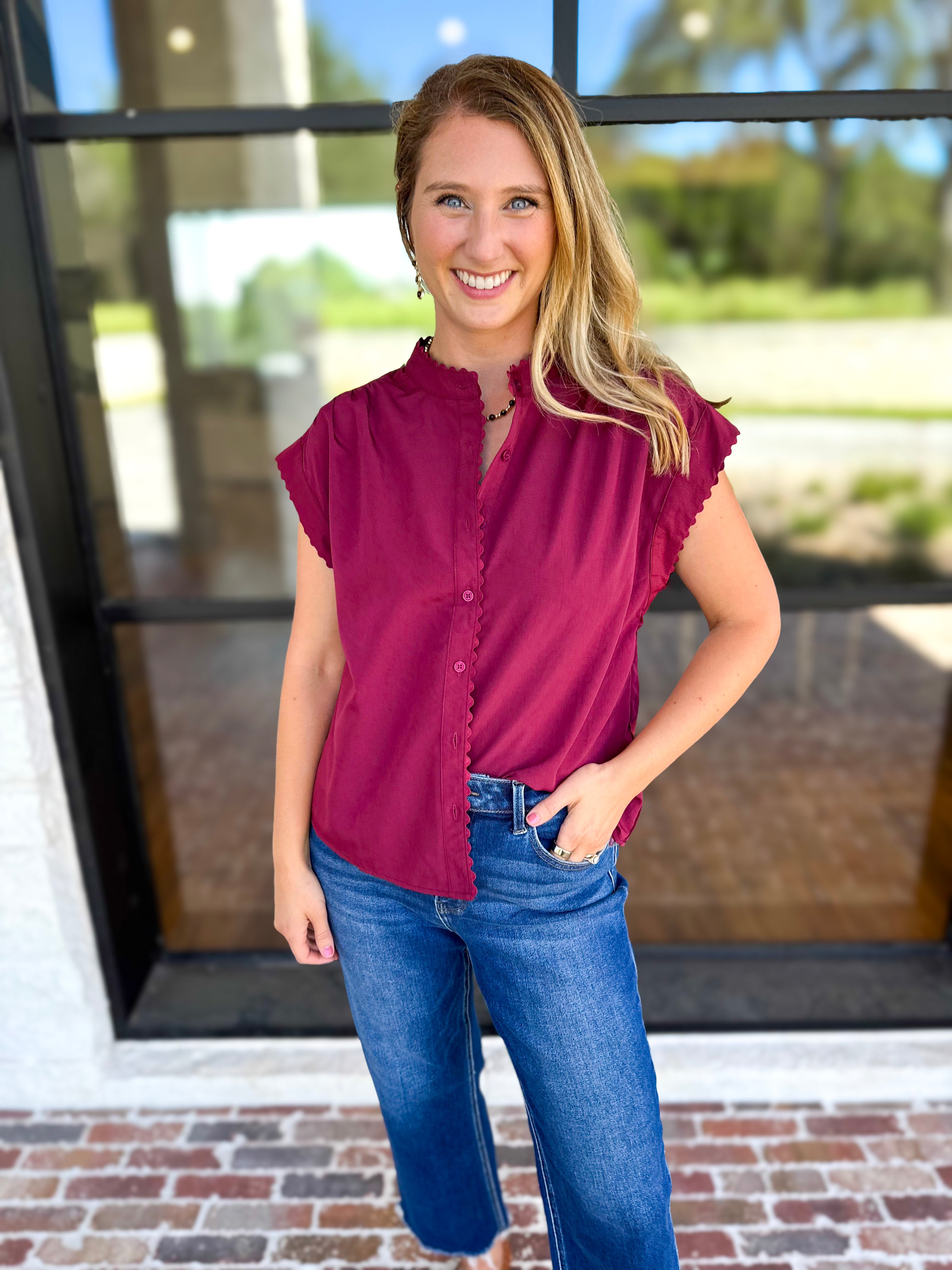 Ric Rac Button Down Top - Wine-200 Fashion Blouses-ENTRO-July & June Women's Fashion Boutique Located in San Antonio, Texas
