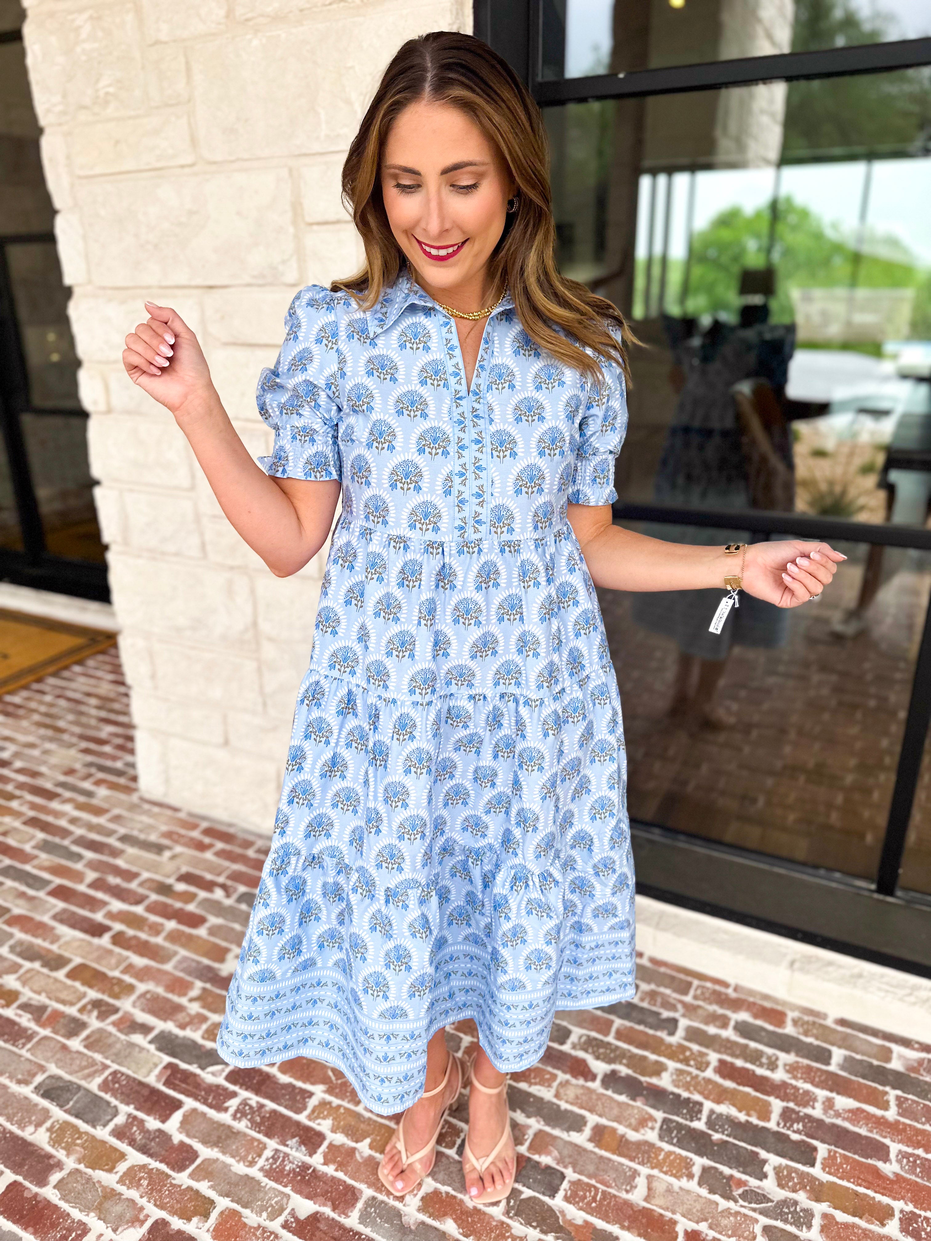 MARY SQUARE - Molly Sunshower Blue Flora Midi Dress-500 Midi-MARY SQUARE-July & June Women's Fashion Boutique Located in San Antonio, Texas