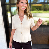 Posh Peplum Knit Blouse - Ivory-230 Sweaters/Cardis-SKIES ARE BLUE-July & June Women's Fashion Boutique Located in San Antonio, Texas