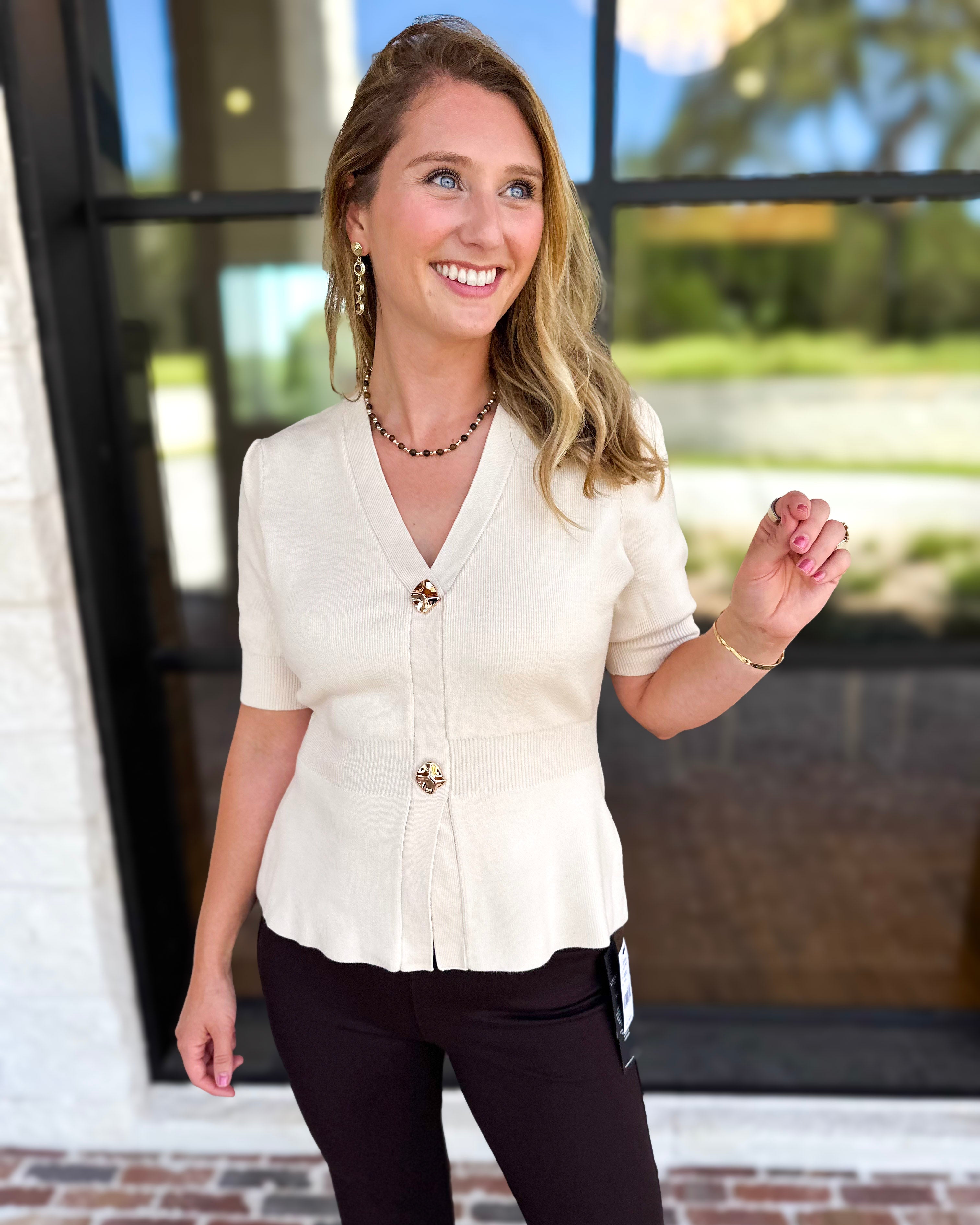 Posh Peplum Knit Blouse - Ivory-230 Sweaters/Cardis-SKIES ARE BLUE-July & June Women's Fashion Boutique Located in San Antonio, Texas