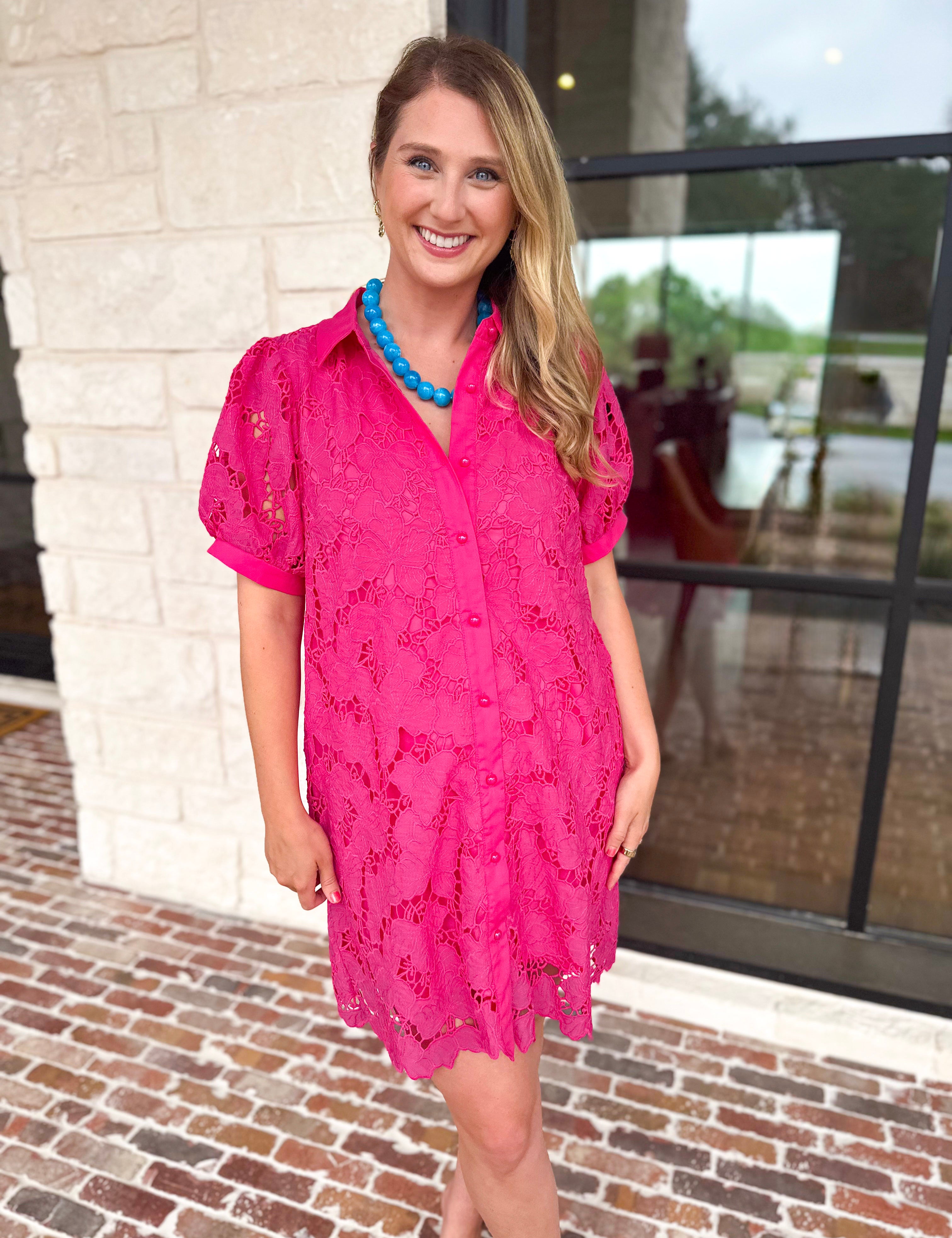 Anna Lace Mini Dress - Hot Pink-510 Mini-JODIFL-July & June Women's Fashion Boutique Located in San Antonio, Texas