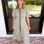Olive Gingham & Collared Midi Dress-500 Midi-ENTRO-July & June Women's Fashion Boutique Located in San Antonio, Texas