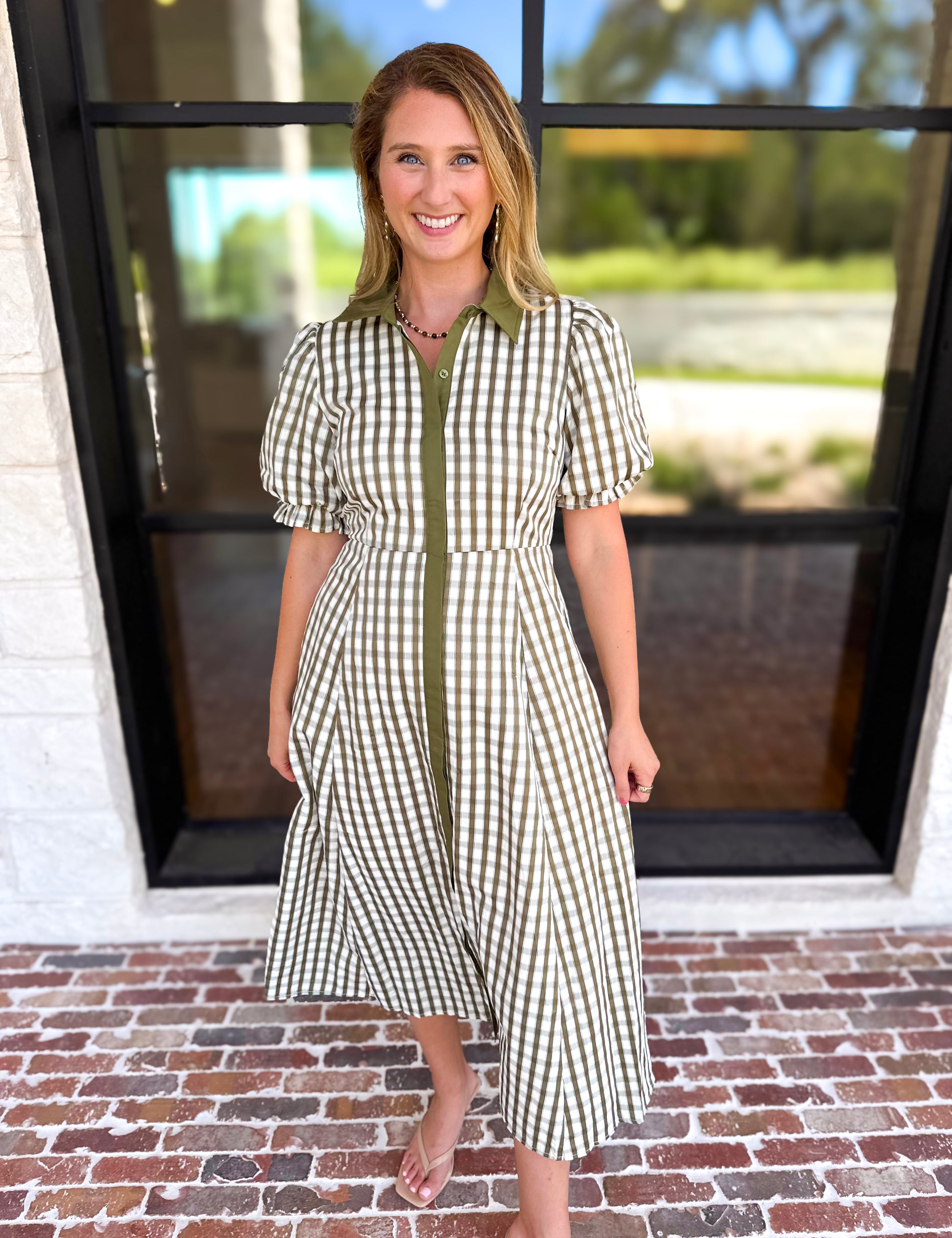 Olive Gingham & Collared Midi Dress-500 Midi-ENTRO-July & June Women's Fashion Boutique Located in San Antonio, Texas