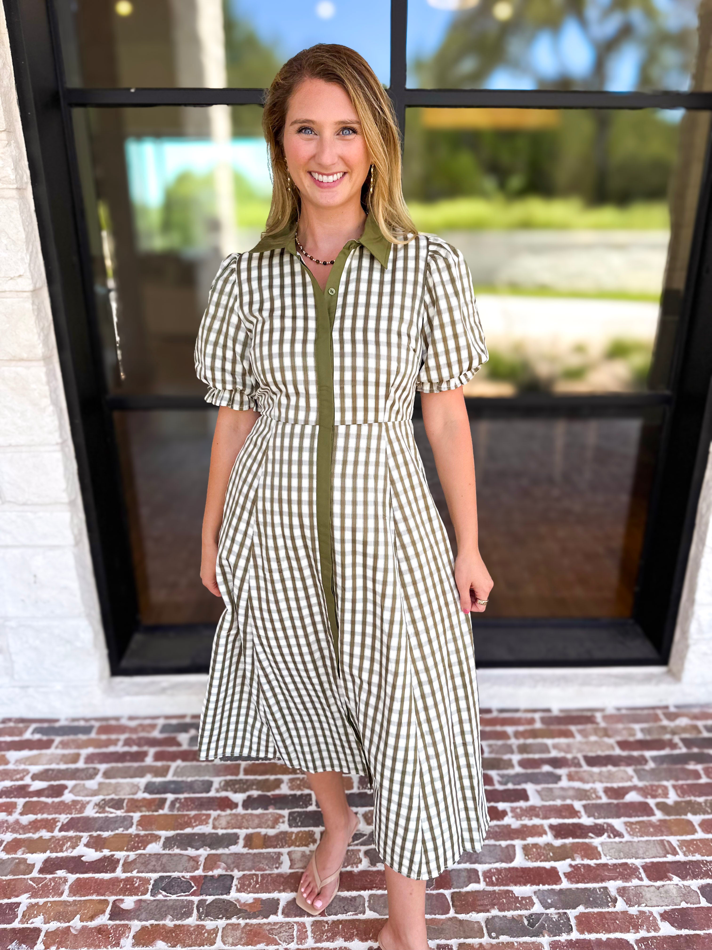 Olive Gingham & Collared Midi Dress-500 Midi-ENTRO-July & June Women's Fashion Boutique Located in San Antonio, Texas