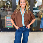 Contrast Chic Blouse - Cocoa Sky-200 Fashion Blouses-ENTRO-July & June Women's Fashion Boutique Located in San Antonio, Texas
