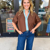 Contrast Chic Blouse - Cocoa Sky-200 Fashion Blouses-ENTRO-July & June Women's Fashion Boutique Located in San Antonio, Texas