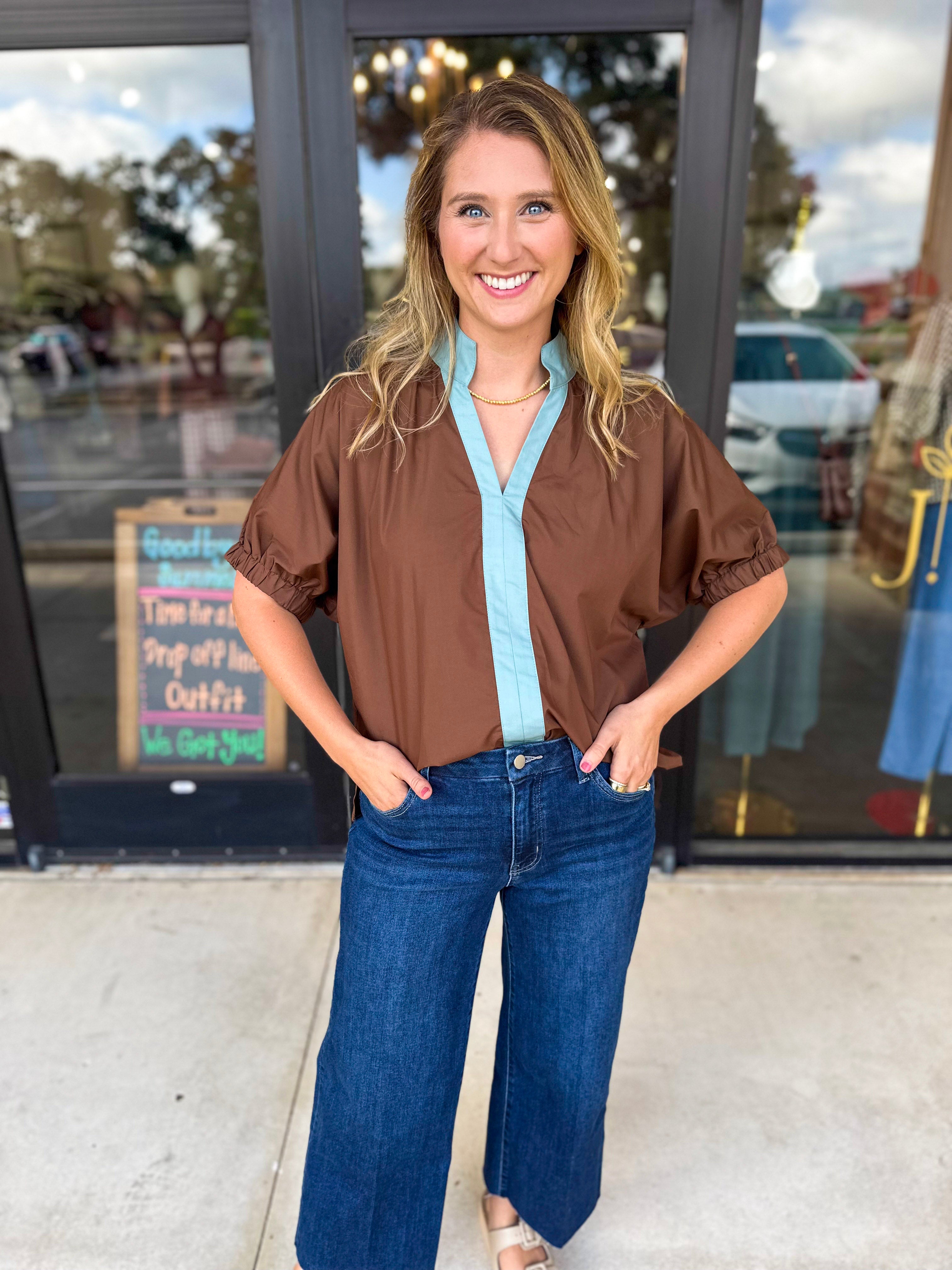 Contrast Chic Blouse - Cocoa Sky-200 Fashion Blouses-ENTRO-July & June Women's Fashion Boutique Located in San Antonio, Texas