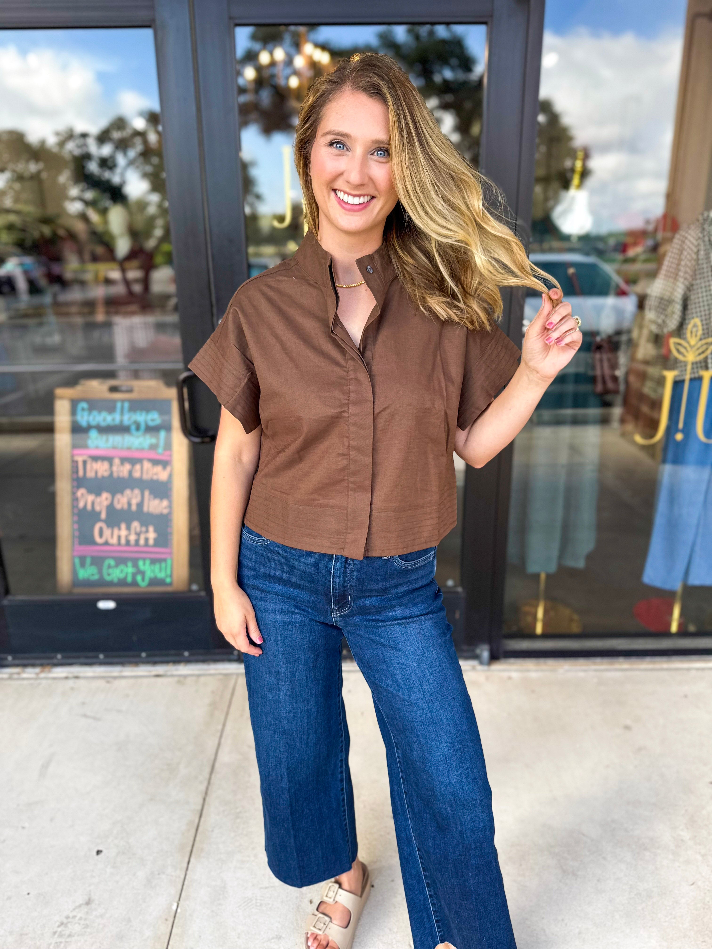 Chic Boxy Blouse - Brown-200 Fashion Blouses-ENTRO-July & June Women's Fashion Boutique Located in San Antonio, Texas