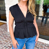 Current Air - Black Satin Date Night Blouse-200 Fashion Blouses-CURRENT AIR CLOTHING-July & June Women's Fashion Boutique Located in San Antonio, Texas