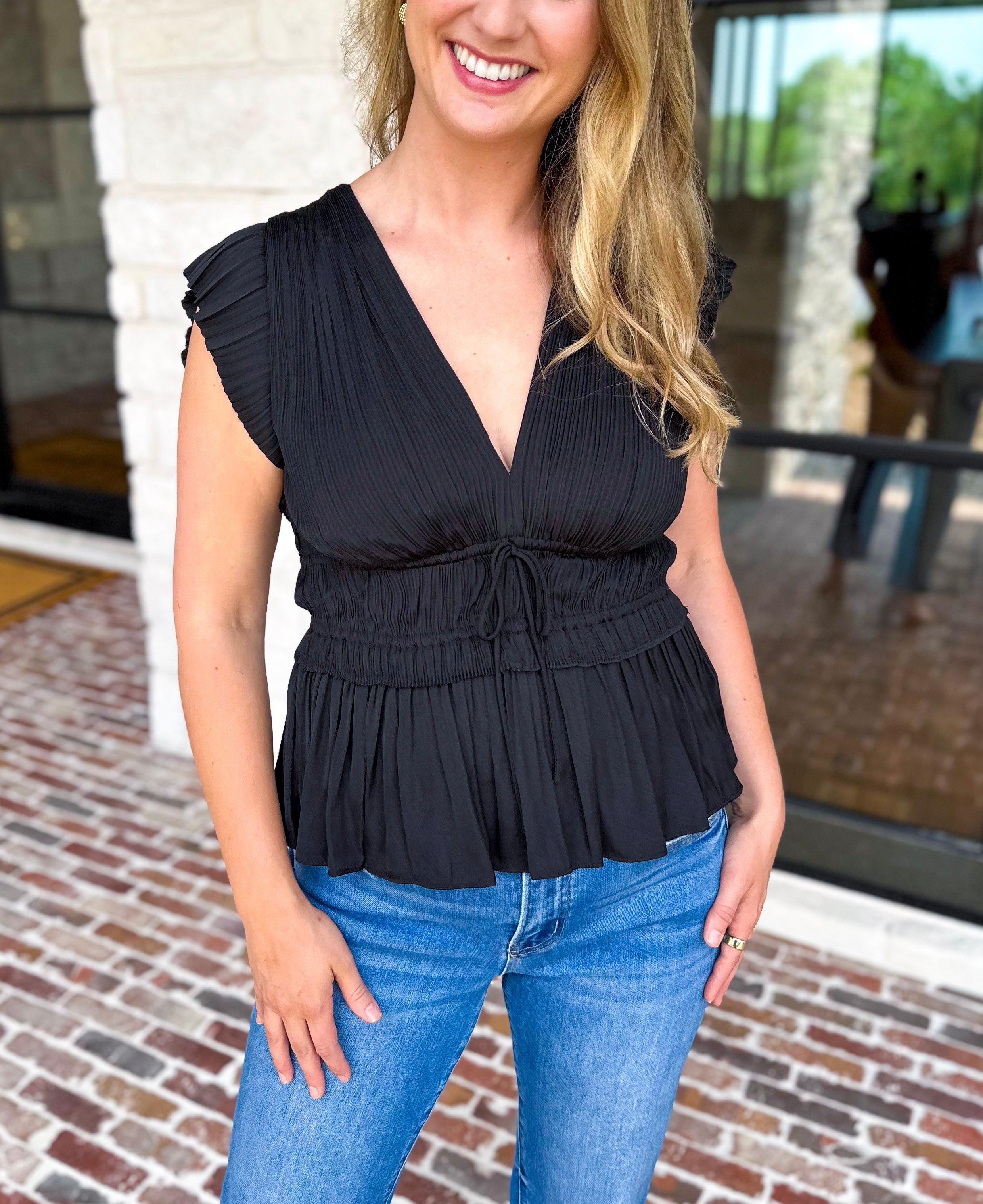 Current Air - Black Satin Date Night Blouse-200 Fashion Blouses-CURRENT AIR CLOTHING-July & June Women's Fashion Boutique Located in San Antonio, Texas
