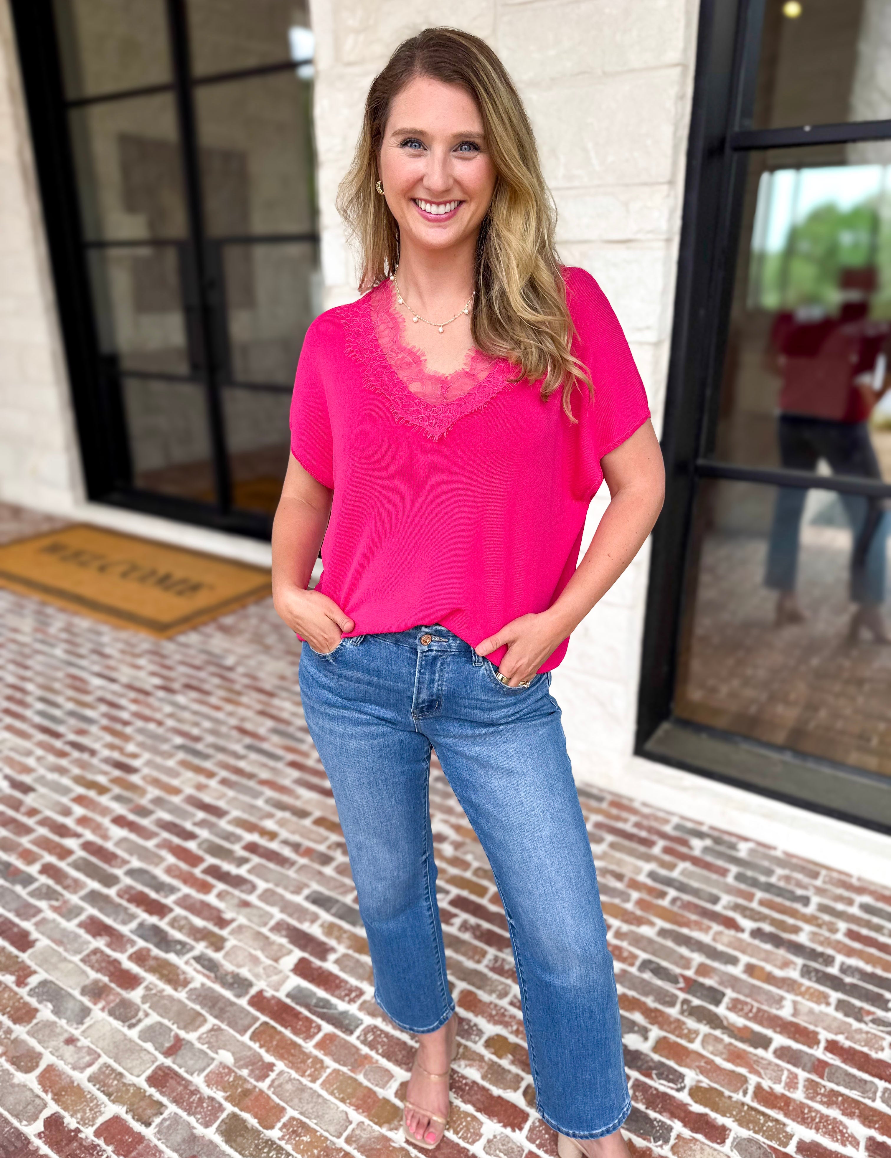 Lace Details Blouse - Hot Pink-200 Fashion Blouses-ENTRO-July & June Women's Fashion Boutique Located in San Antonio, Texas
