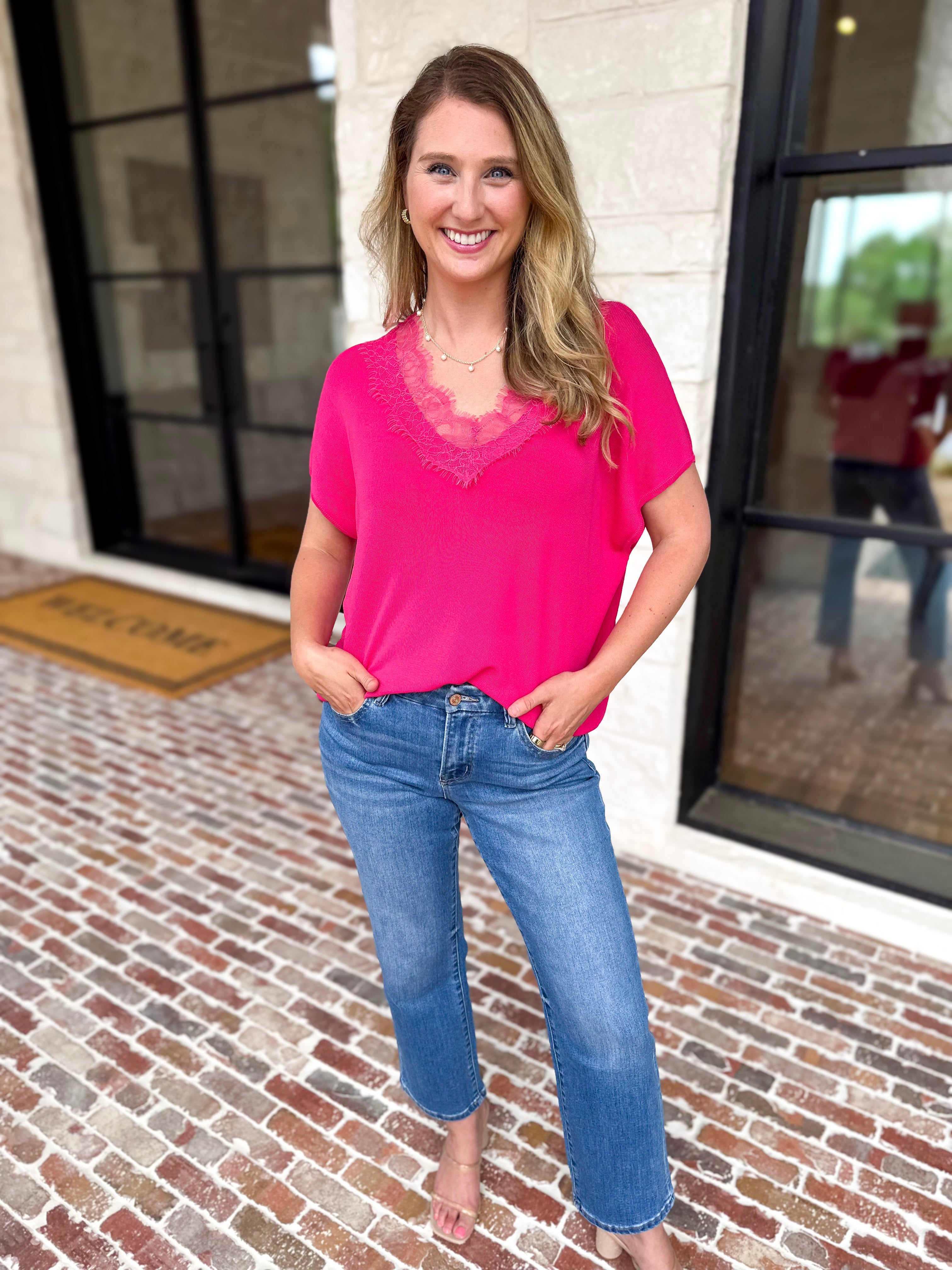 Lace Details Blouse - Hot Pink-200 Fashion Blouses-ENTRO-July & June Women's Fashion Boutique Located in San Antonio, Texas