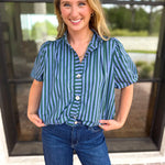 Coffee Date Blouse - Blue & Hunter-200 Fashion Blouses-ENTRO-July & June Women's Fashion Boutique Located in San Antonio, Texas