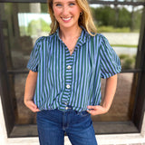 Coffee Date Blouse - Blue & Hunter-200 Fashion Blouses-ENTRO-July & June Women's Fashion Boutique Located in San Antonio, Texas