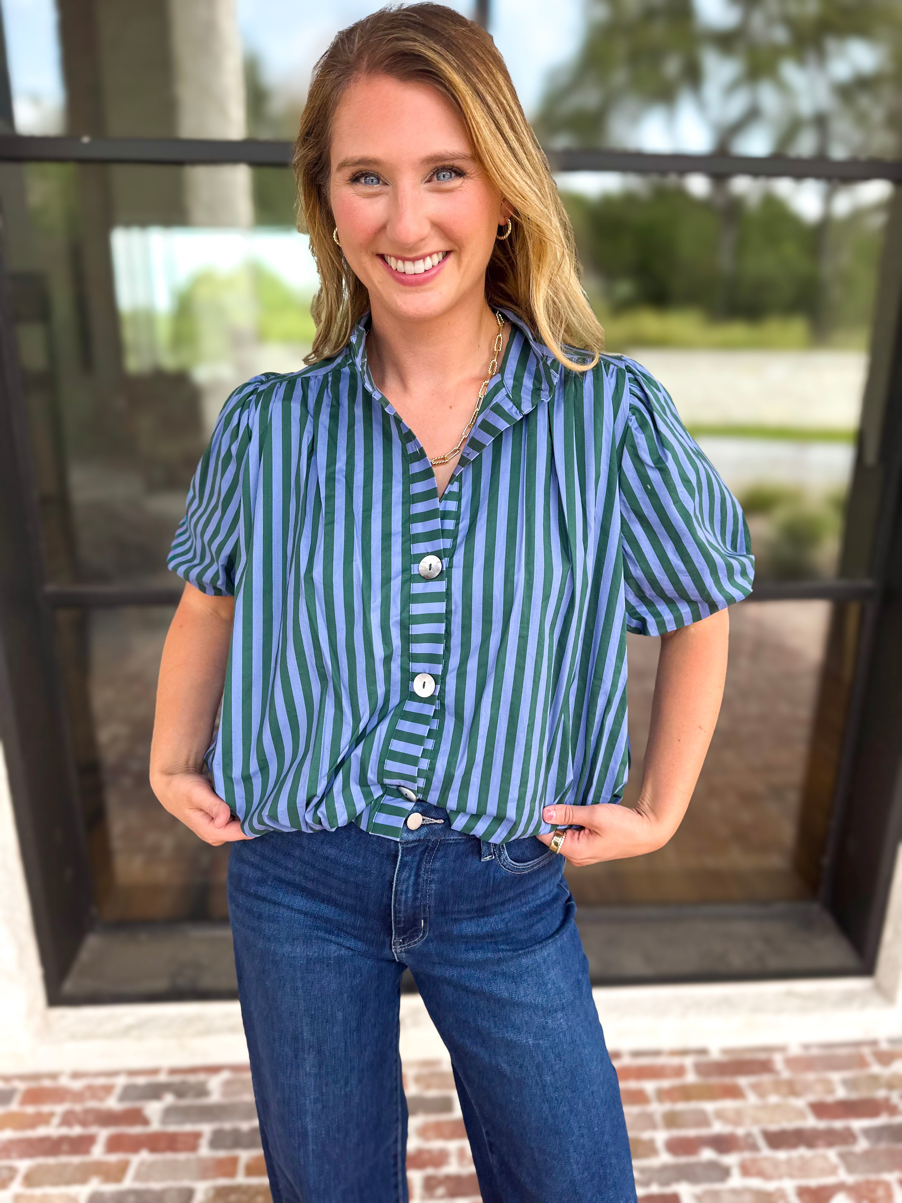 Coffee Date Blouse - Blue & Hunter-200 Fashion Blouses-ENTRO-July & June Women's Fashion Boutique Located in San Antonio, Texas