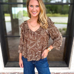 Liverpool - Willow Espresso Ruffle Blouse-200 Fashion Blouses-LIVERPOOL JEANS COMPANY-July & June Women's Fashion Boutique Located in San Antonio, Texas