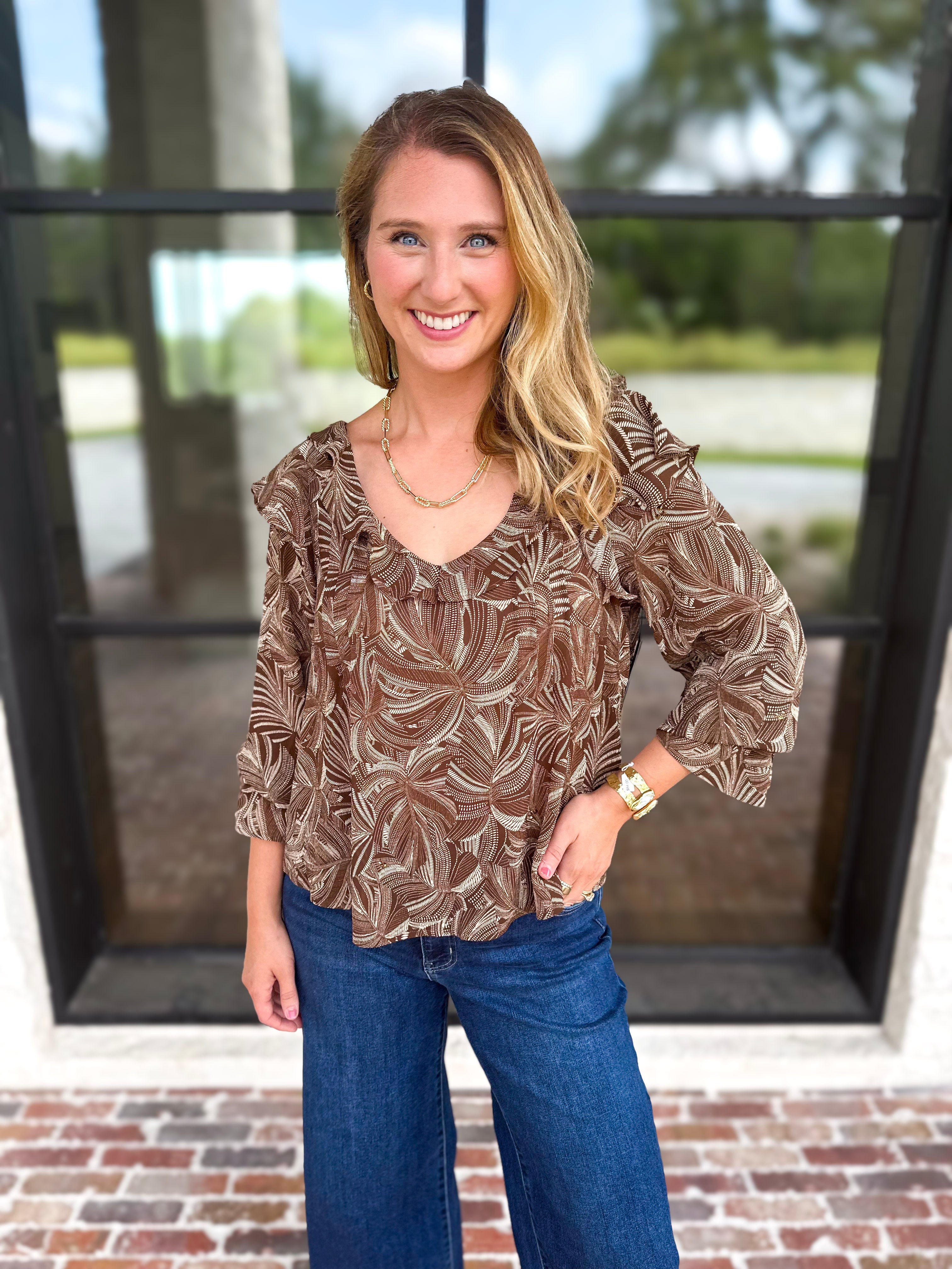 Liverpool - Willow Espresso Ruffle Blouse-200 Fashion Blouses-LIVERPOOL JEANS COMPANY-July & June Women's Fashion Boutique Located in San Antonio, Texas