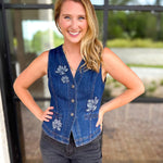 Current Air - Chic Denim Floral Vest-200 Fashion Blouses-CURRENT AIR CLOTHING-July & June Women's Fashion Boutique Located in San Antonio, Texas