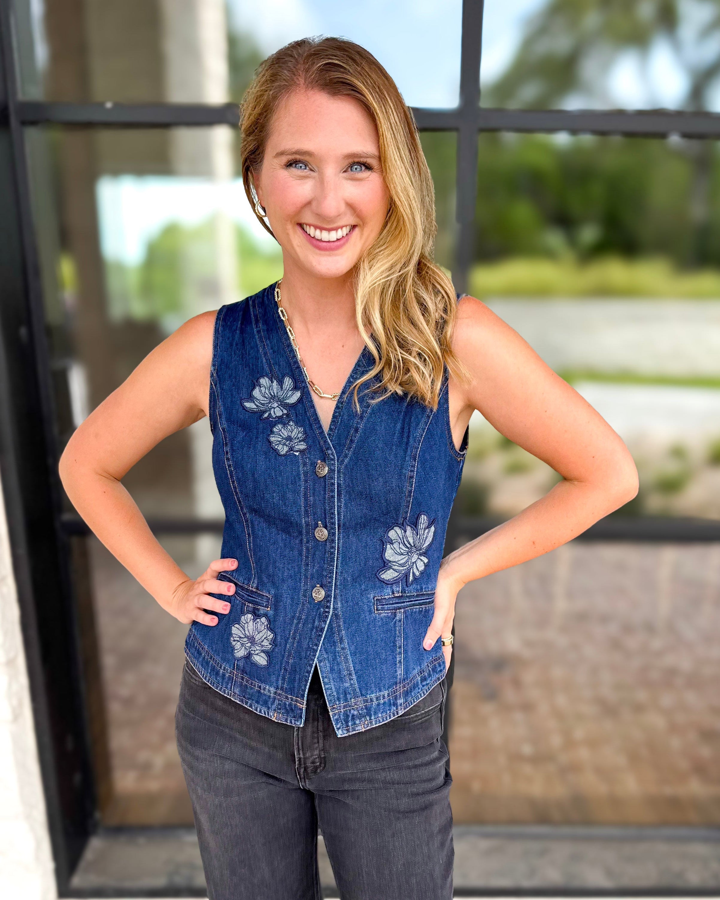 Current Air - Chic Denim Floral Vest-200 Fashion Blouses-CURRENT AIR CLOTHING-July & June Women's Fashion Boutique Located in San Antonio, Texas