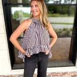 Delia Gingham Halter Blouse-200 Fashion Blouses-OLIVACEOUS-July & June Women's Fashion Boutique Located in San Antonio, Texas