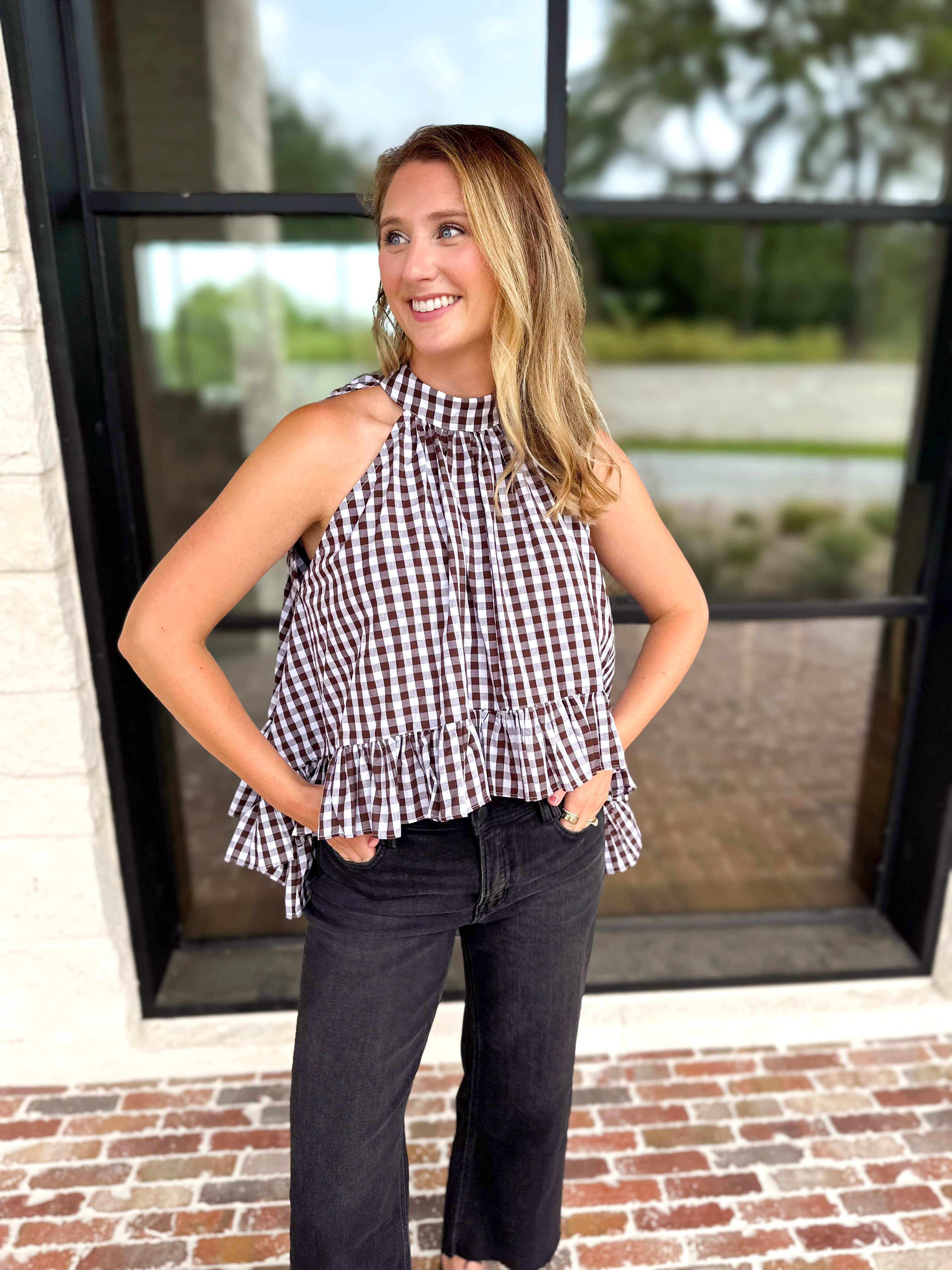 Delia Gingham Halter Blouse-200 Fashion Blouses-OLIVACEOUS-July & June Women's Fashion Boutique Located in San Antonio, Texas