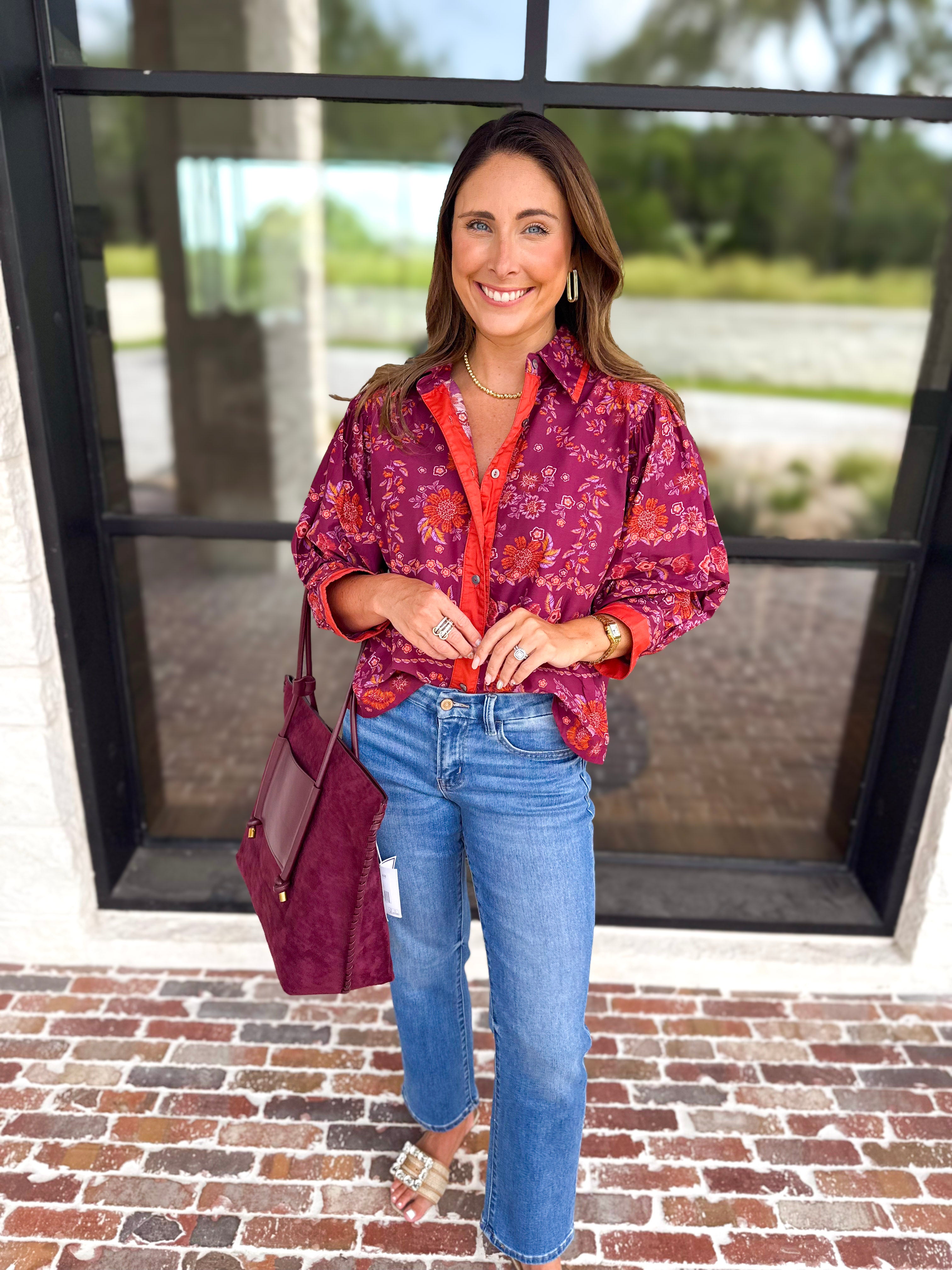 Spiced Plum Floral Blouse-200 Fashion Blouses-ENTRO-July & June Women's Fashion Boutique Located in San Antonio, Texas