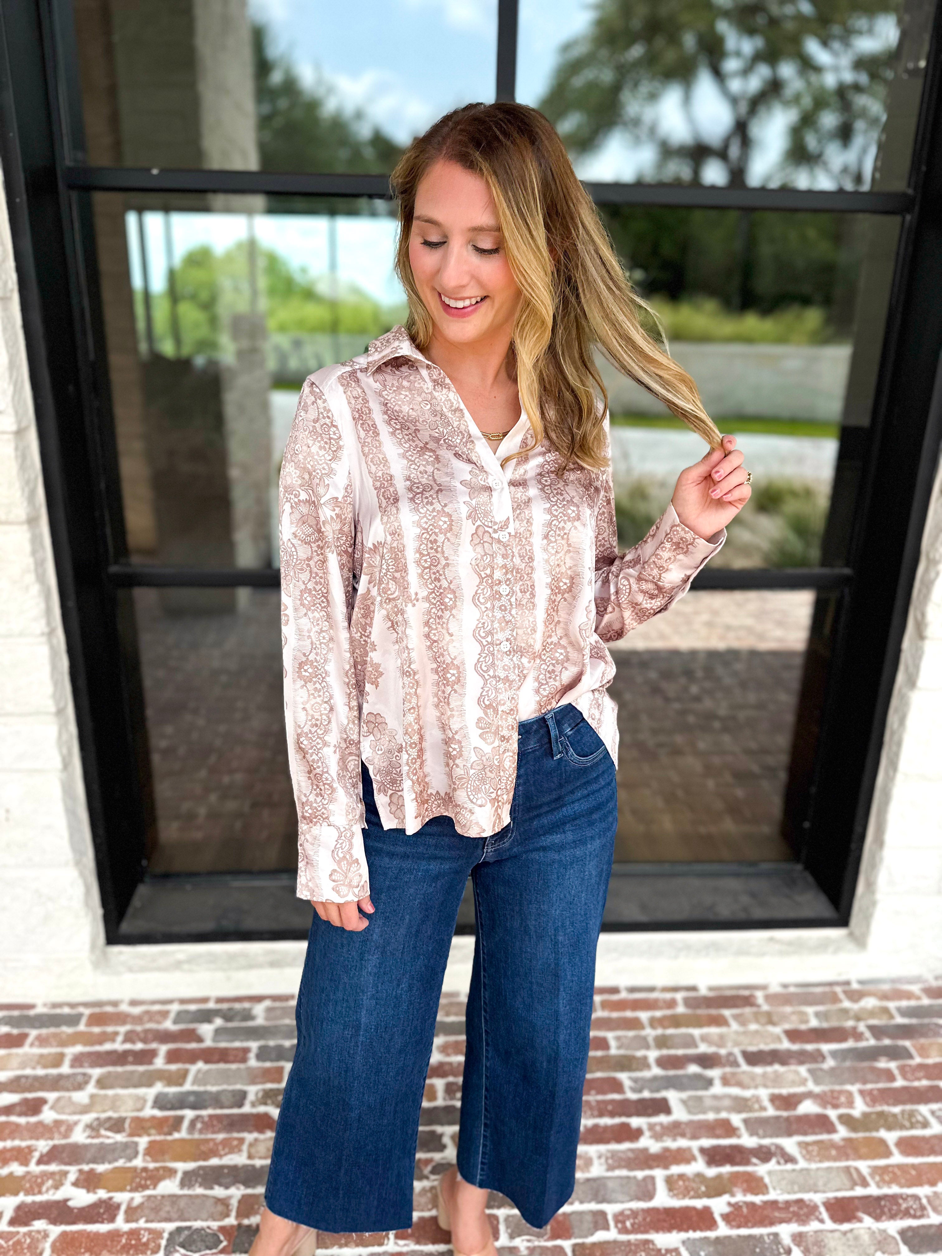 Current Air - Rosé Satin Button Down Blouse-200 Fashion Blouses-CURRENT AIR CLOTHING-July & June Women's Fashion Boutique Located in San Antonio, Texas