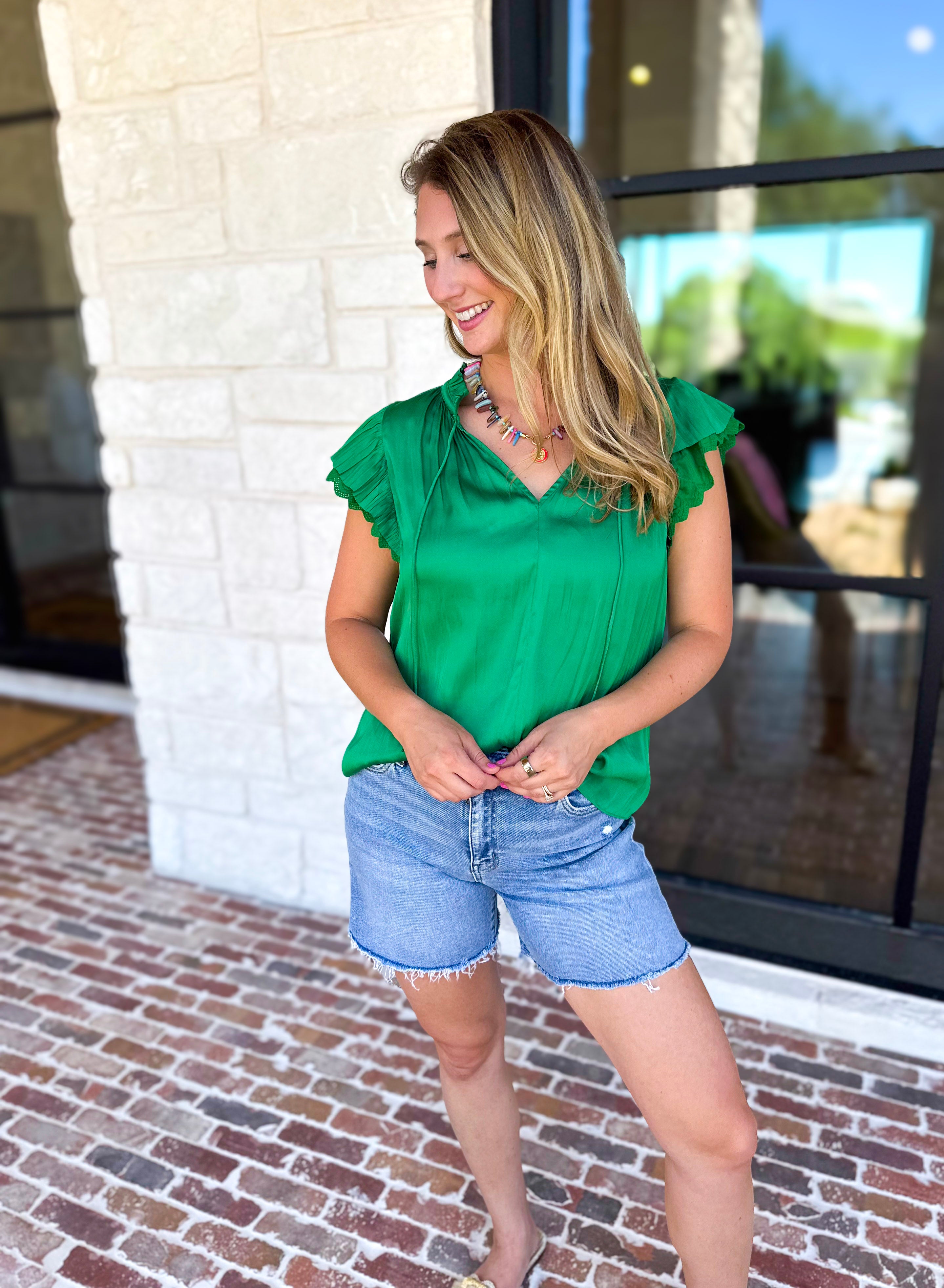 Current Air - Kelly Green Crochet Details Blouse-200 Fashion Blouses-CURRENT AIR CLOTHING-July & June Women's Fashion Boutique Located in San Antonio, Texas