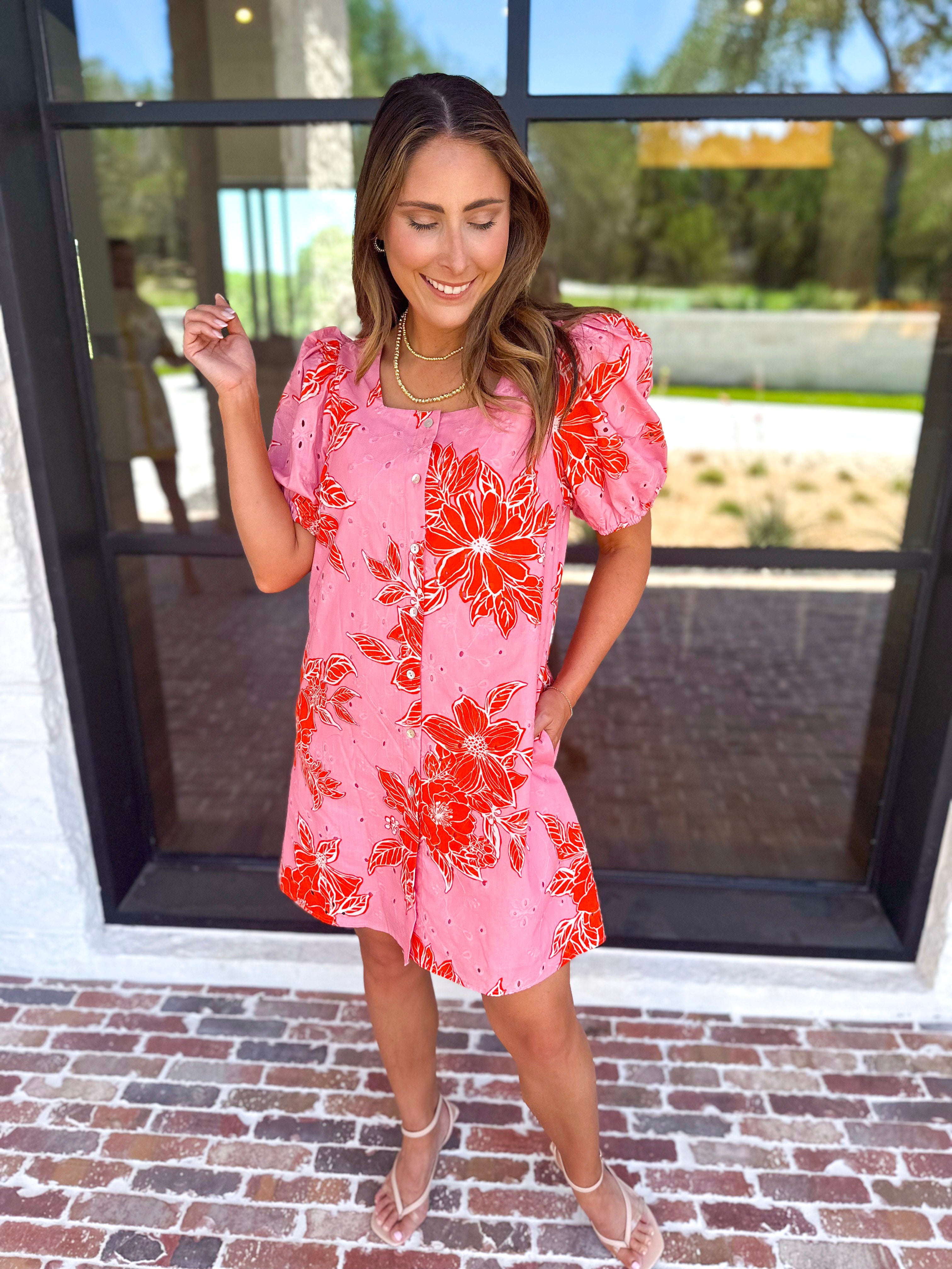 Pink & Orange Floral Mini Dress-510 Mini-ENTRO-July & June Women's Fashion Boutique Located in San Antonio, Texas