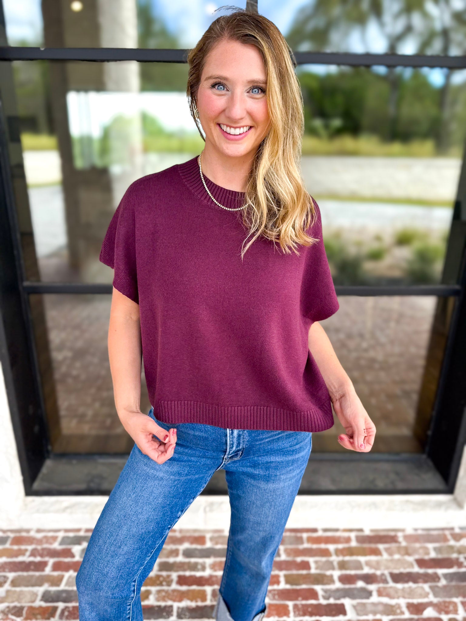 Easy Going Short Sleeve Knit Top - Burgundy-230 Sweaters/Cardis-PINCH-July & June Women's Fashion Boutique Located in San Antonio, Texas