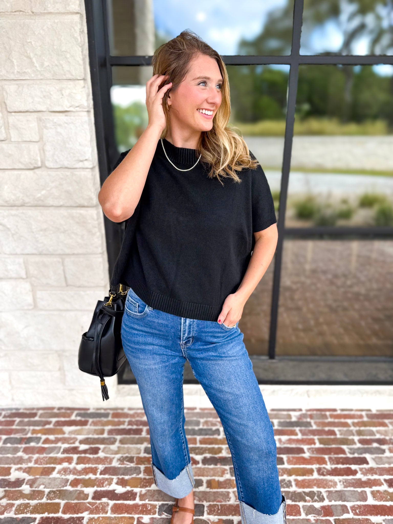 Easy Going Short Sleeve Knit Top - Black-230 Sweaters/Cardis-PINCH-July & June Women's Fashion Boutique Located in San Antonio, Texas