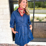 Denim Wrap Mini Dress-510 Mini-ENTRO-July & June Women's Fashion Boutique Located in San Antonio, Texas