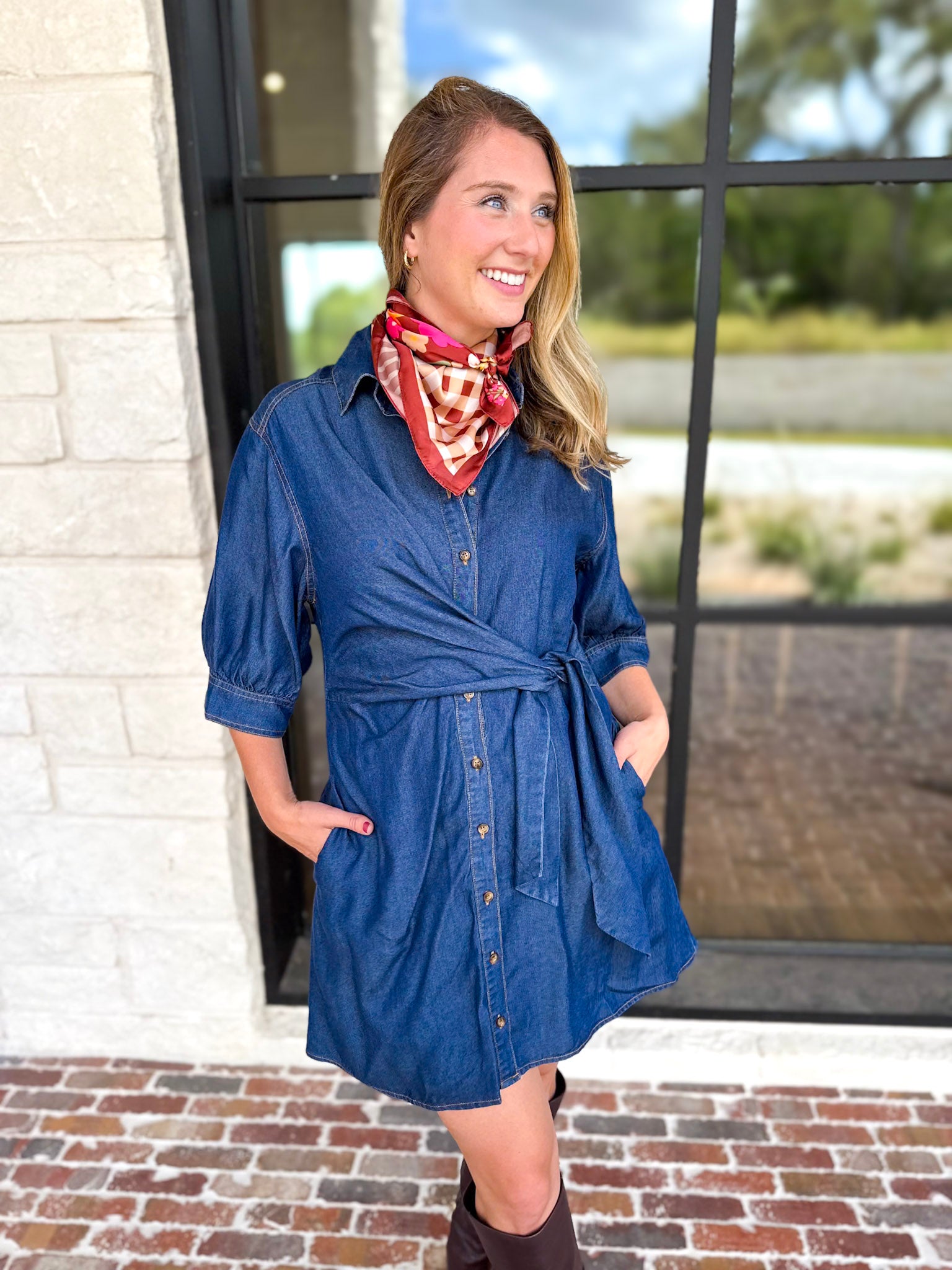 Denim Wrap Mini Dress-510 Mini-ENTRO-July & June Women's Fashion Boutique Located in San Antonio, Texas