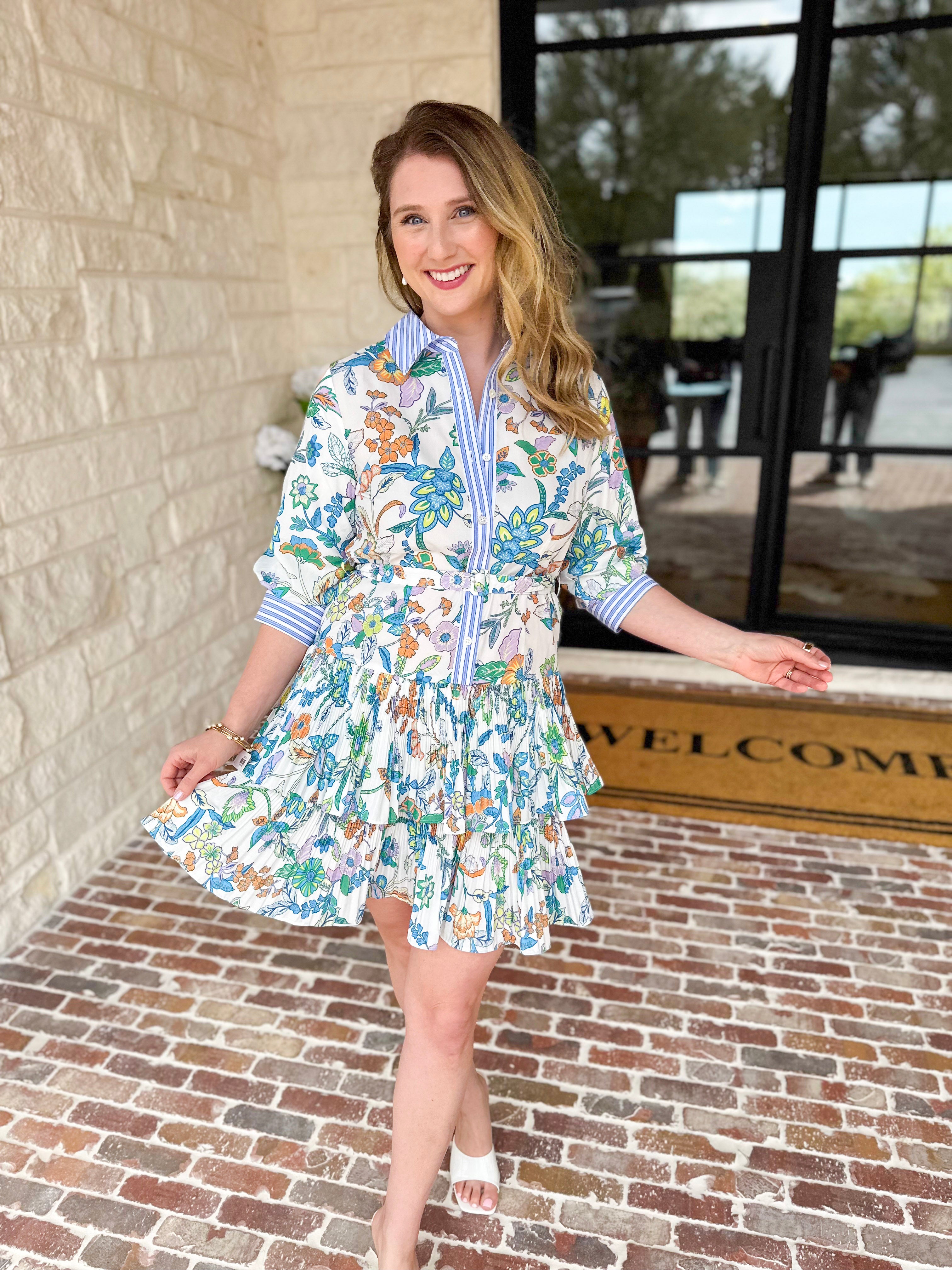 Current Air - Floral Contrast Stripe Mini Dress-510 Mini-CURRENT AIR CLOTHING-July & June Women's Fashion Boutique Located in San Antonio, Texas