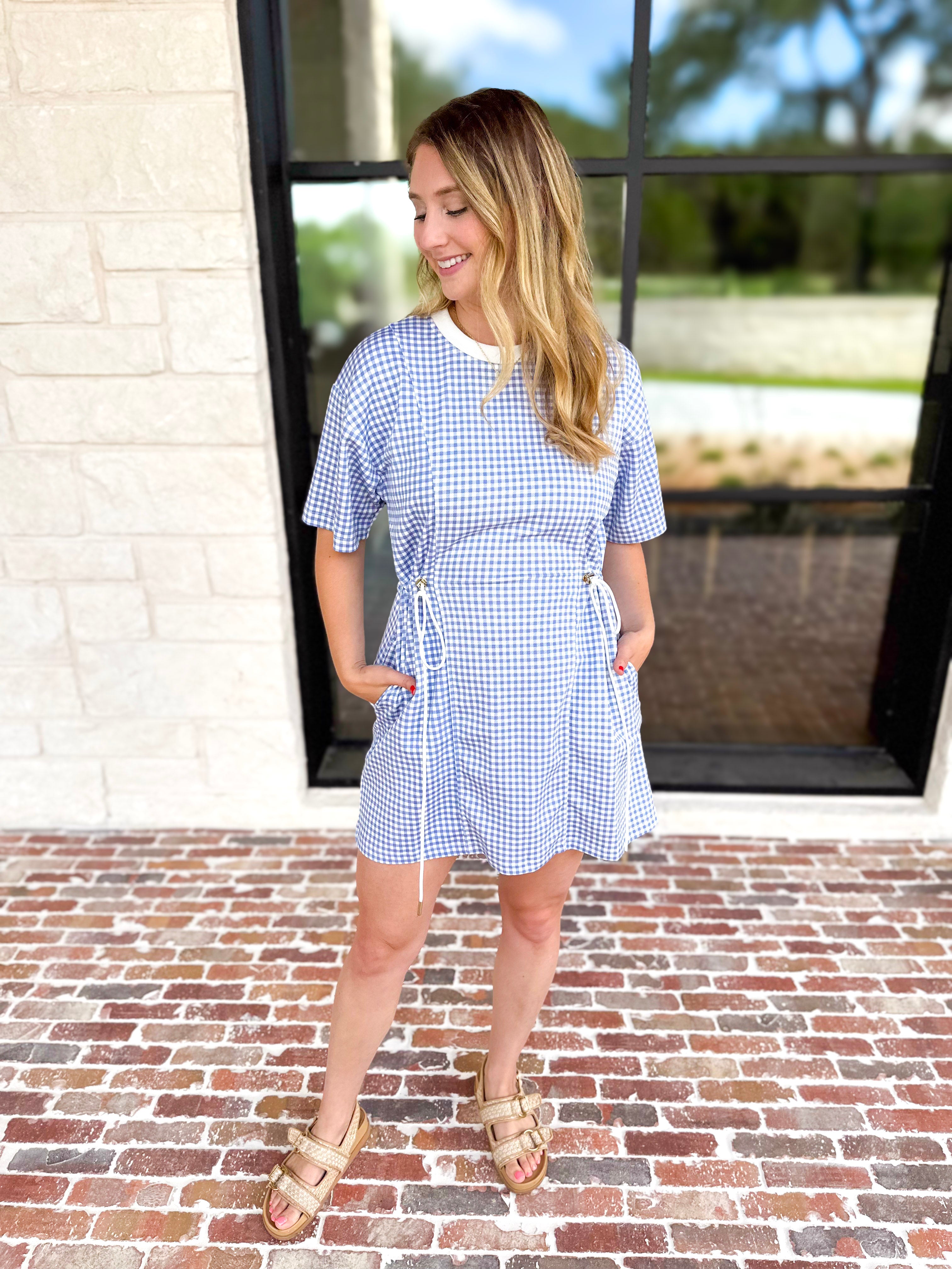 Blue Gingham On-The-Go Mini Dress-510 Mini-ENTRO-July & June Women's Fashion Boutique Located in San Antonio, Texas