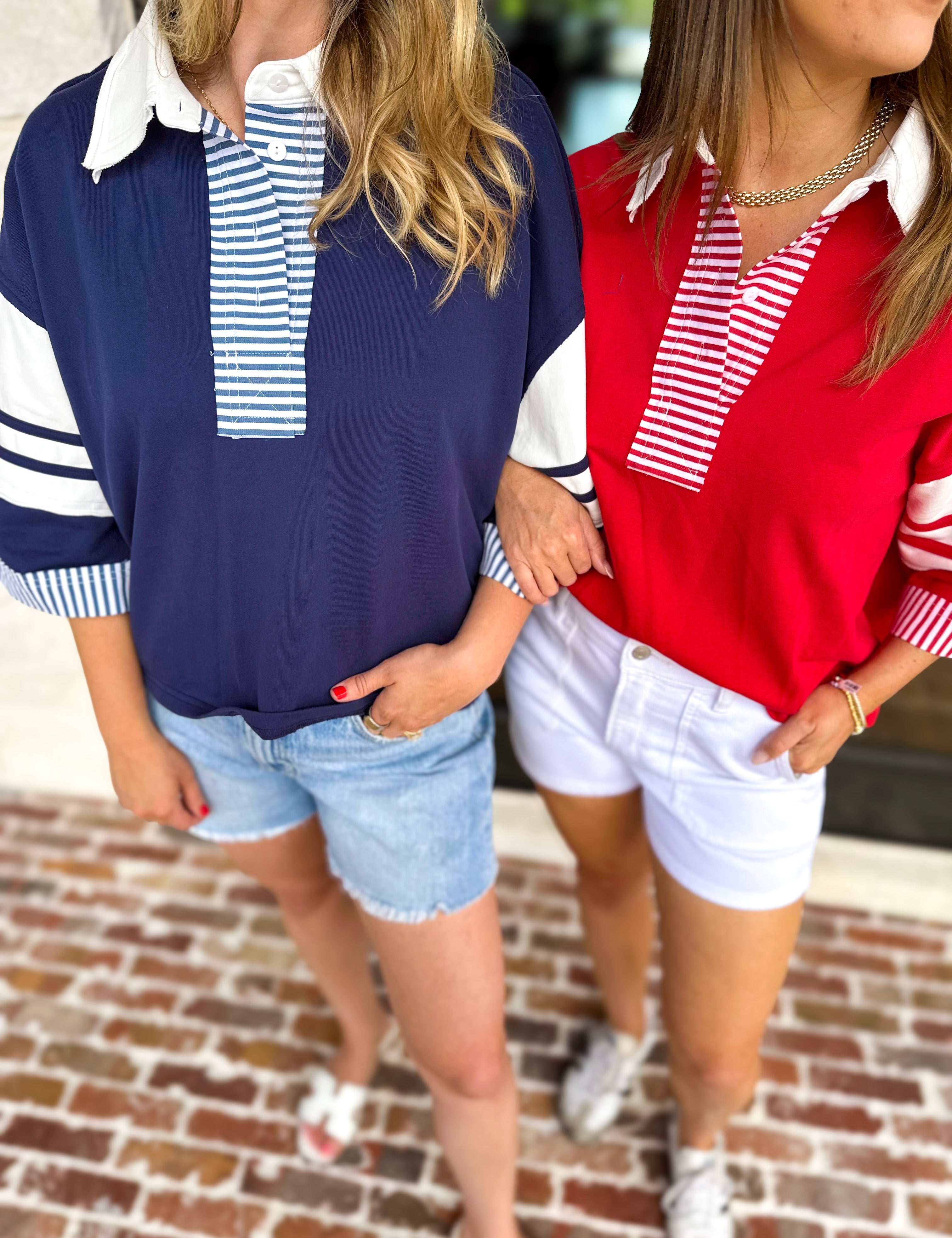 Cool Girl Oversized Polo Top - Navy-210 Casual Blouses-JODIFL-July & June Women's Fashion Boutique Located in San Antonio, Texas