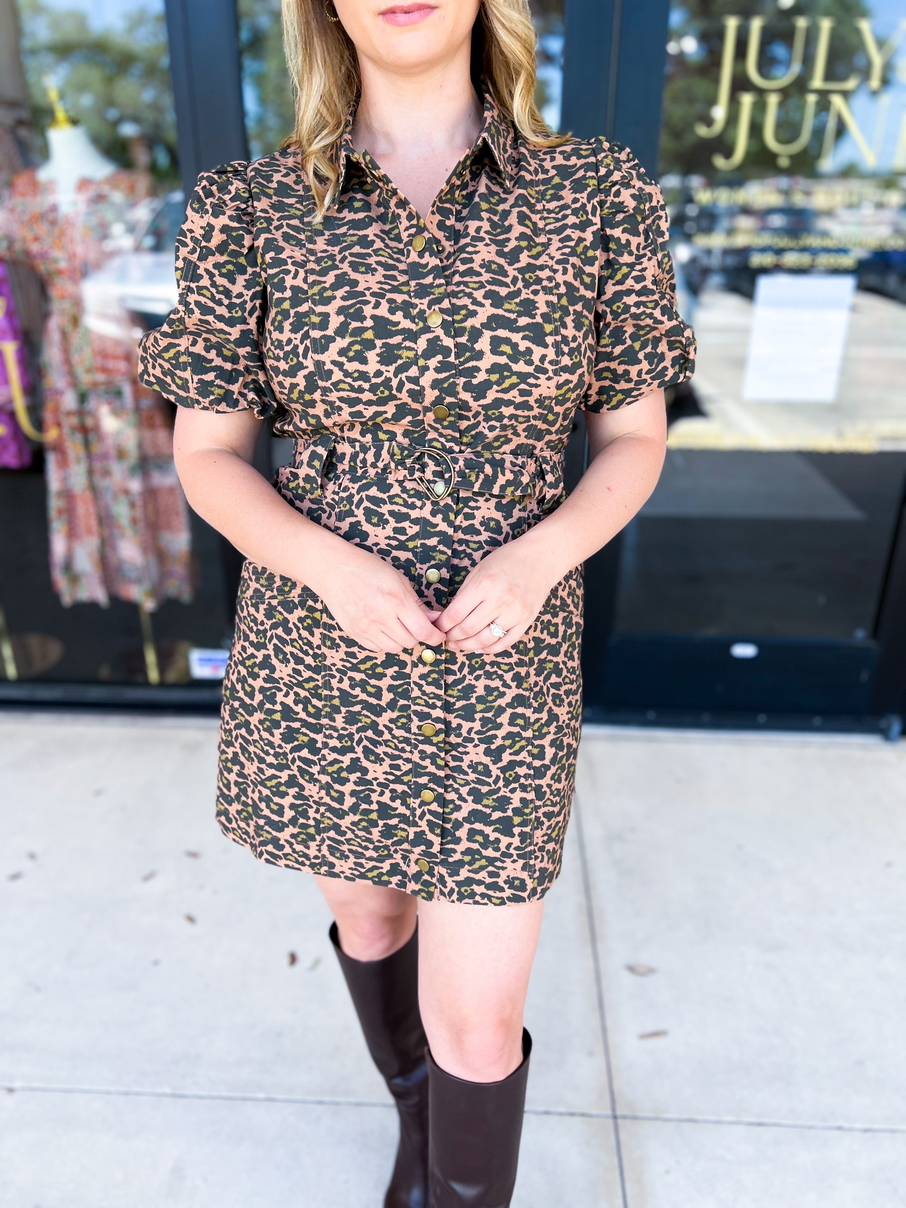 Olive Leopard Mini Dress-510 Mini-FATE-July & June Women's Fashion Boutique Located in San Antonio, Texas