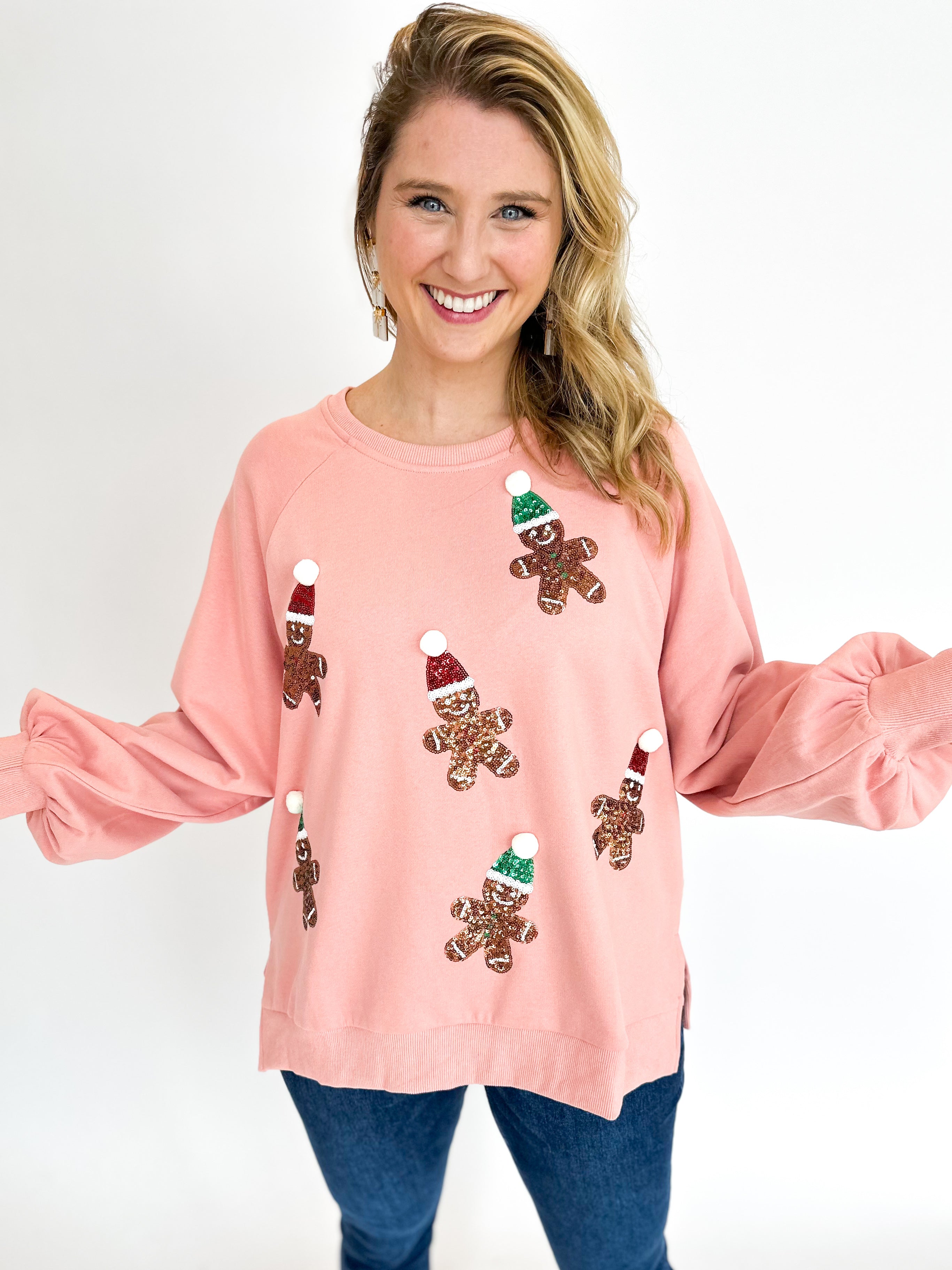 Pink Gingerbread Sequin Pullover Top-210 Casual Blouses-FANTASTIC FAWN-July & June Women's Fashion Boutique Located in San Antonio, Texas