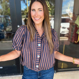 Coffee Date Blouse - Navy & Espresso-200 Fashion Blouses-ENTRO-July & June Women's Fashion Boutique Located in San Antonio, Texas