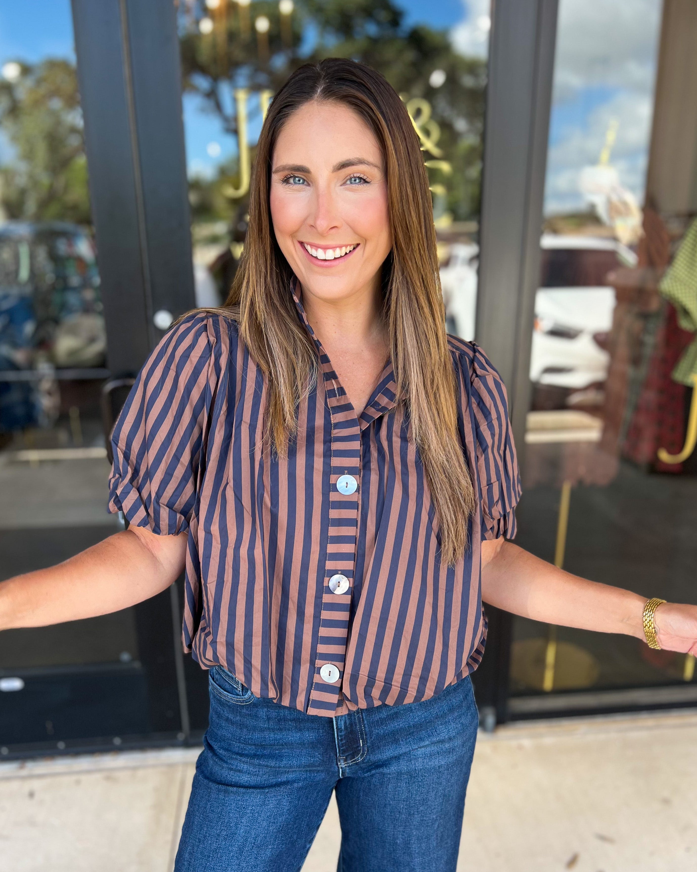 Coffee Date Blouse - Navy & Espresso-200 Fashion Blouses-ENTRO-July & June Women's Fashion Boutique Located in San Antonio, Texas